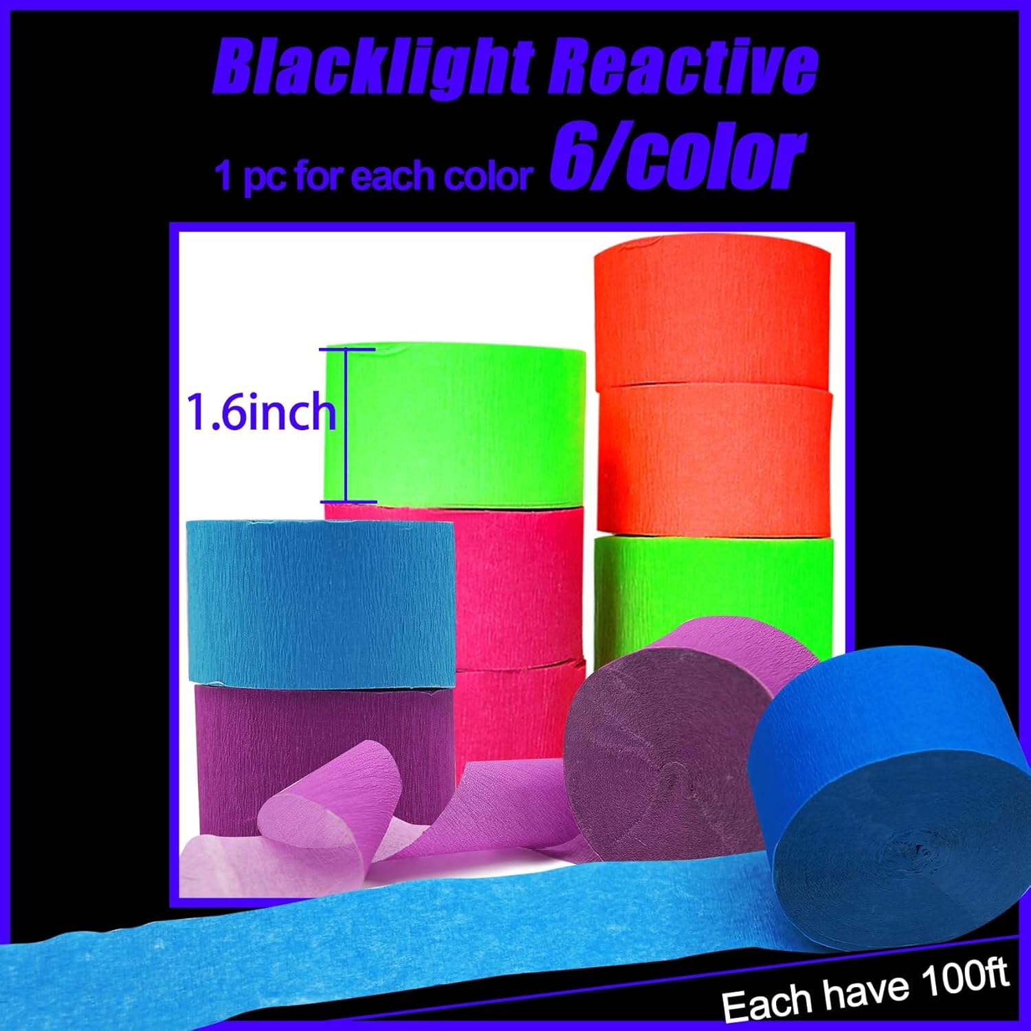 6 Rolls Neon Streamers UV Glow Birthday Party Decor