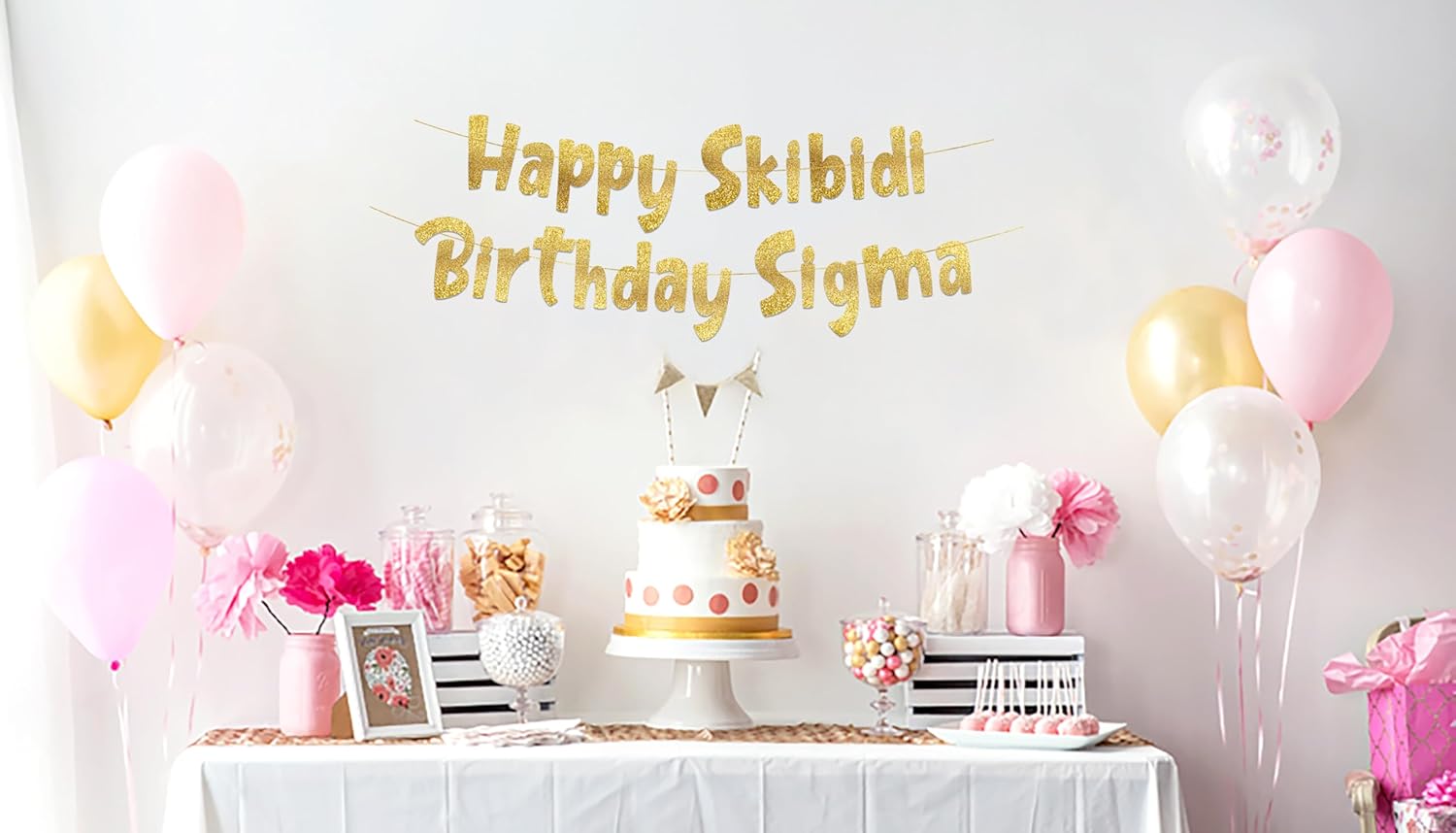 Happy Skibidi Birthday Sigma Gold Glitter Banner for Gen Z Zoomers