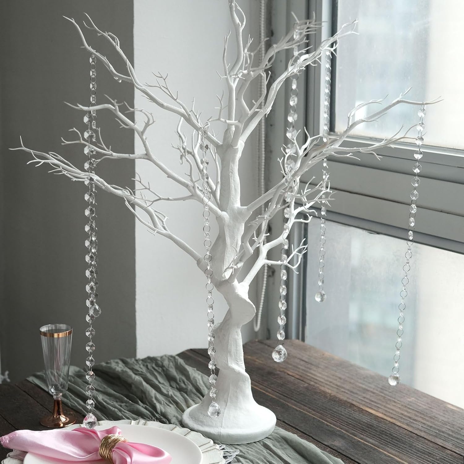 34 in White Metallic Manzanita Tree with 8 Acrylic Bead Chains