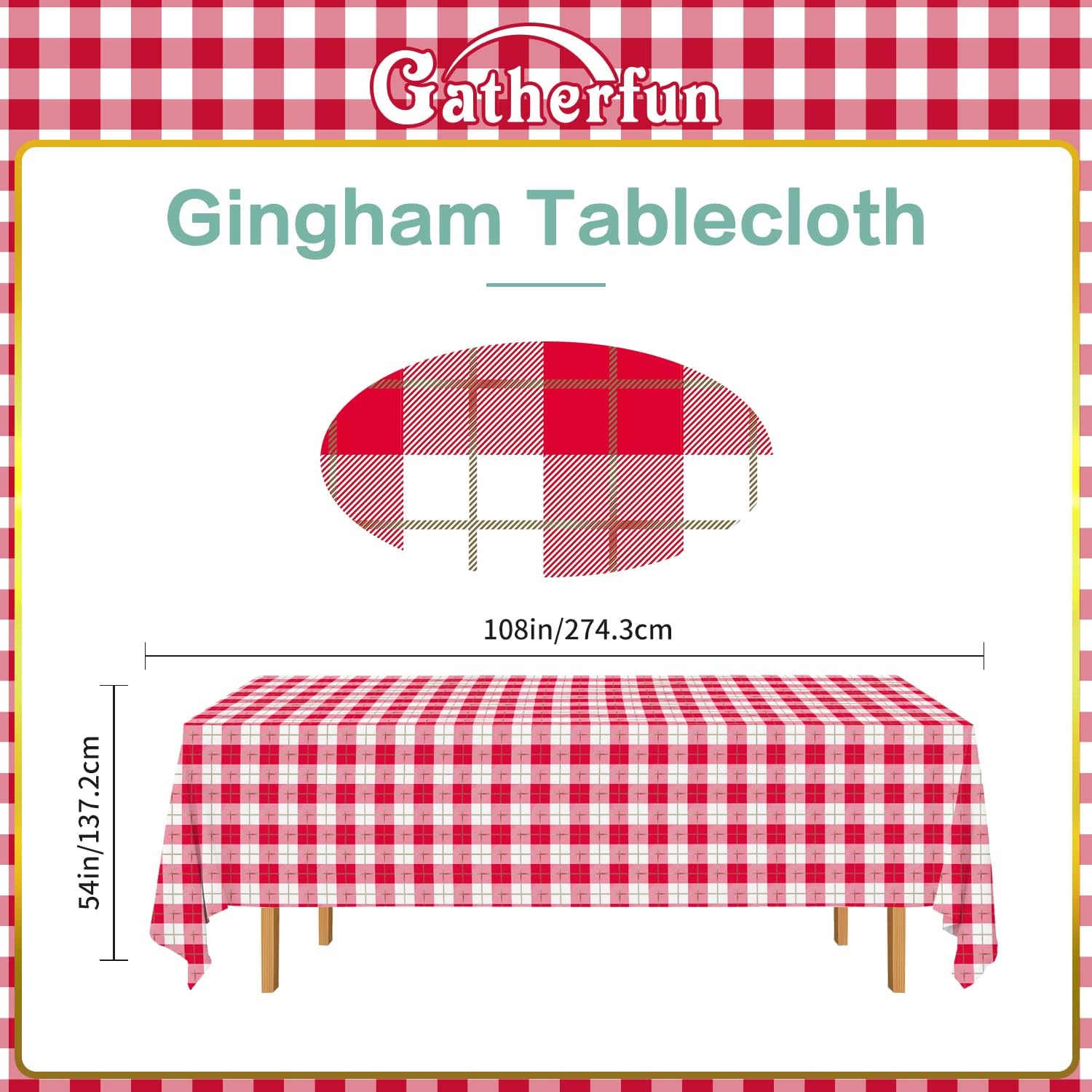 Gatherfun 3PCS Red White Gingham Waterproof Tablecloth for Easter Picnic Barbecue