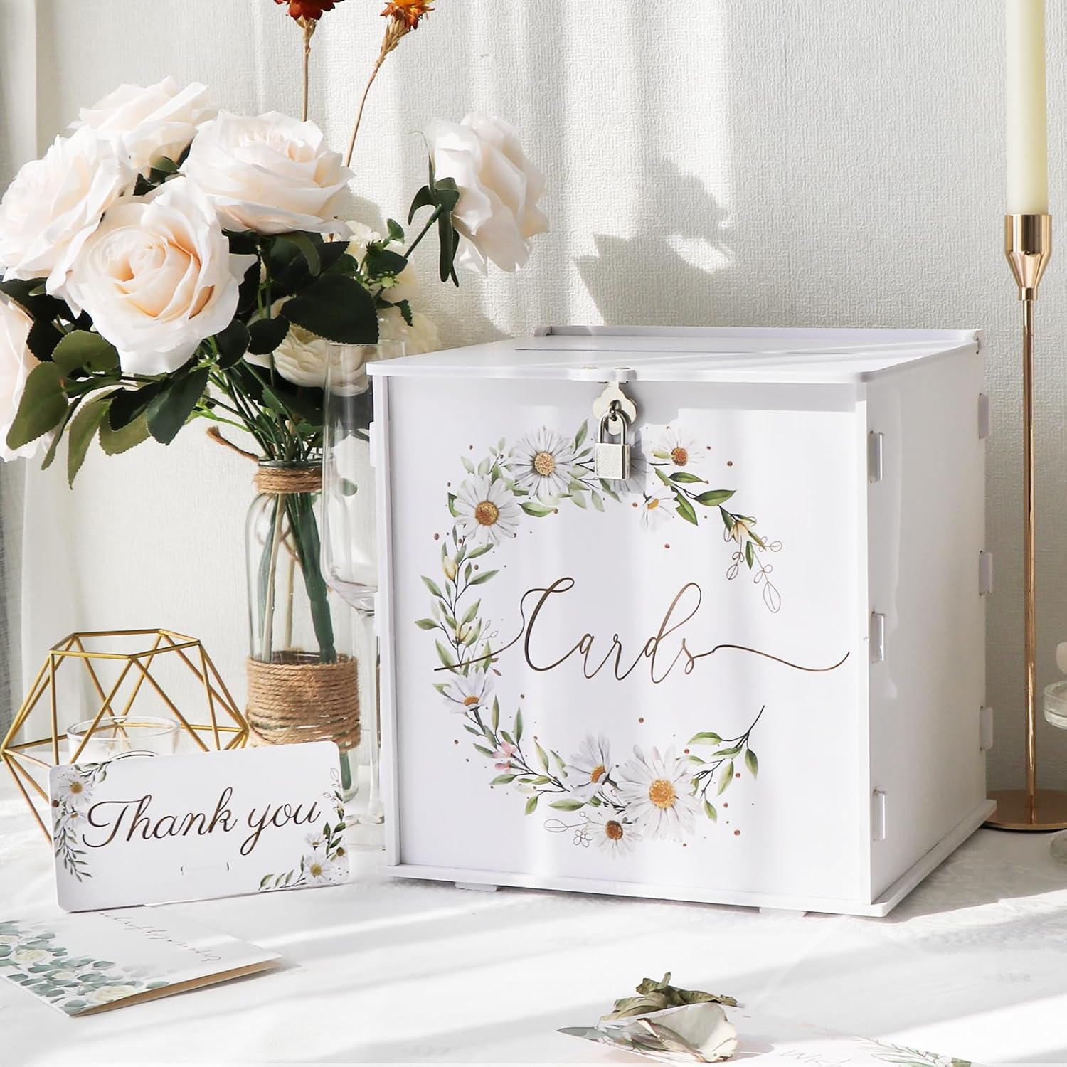 OurWarm White Daisy Wedding Card Box with Lock