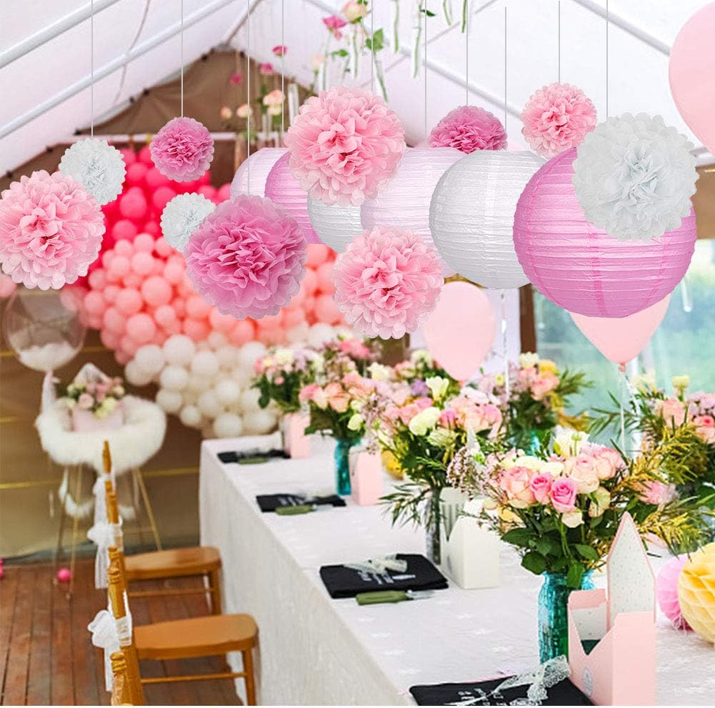 15Pcs Pink White Party Pack Paper Lanterns and Pom Pom Balls