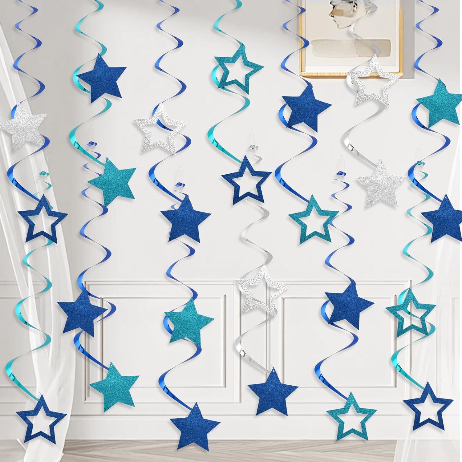 64pcs Blue Foil Swirl Streamers for Birthday Party Decorations