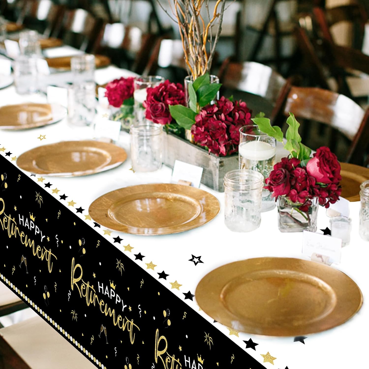 3 Pack Happy Retirement Tablecloth Black Gold 54x108 Inch