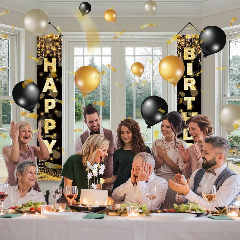 Happy Birthday Decorations Banner - Black Gold 72 x 12 Inch