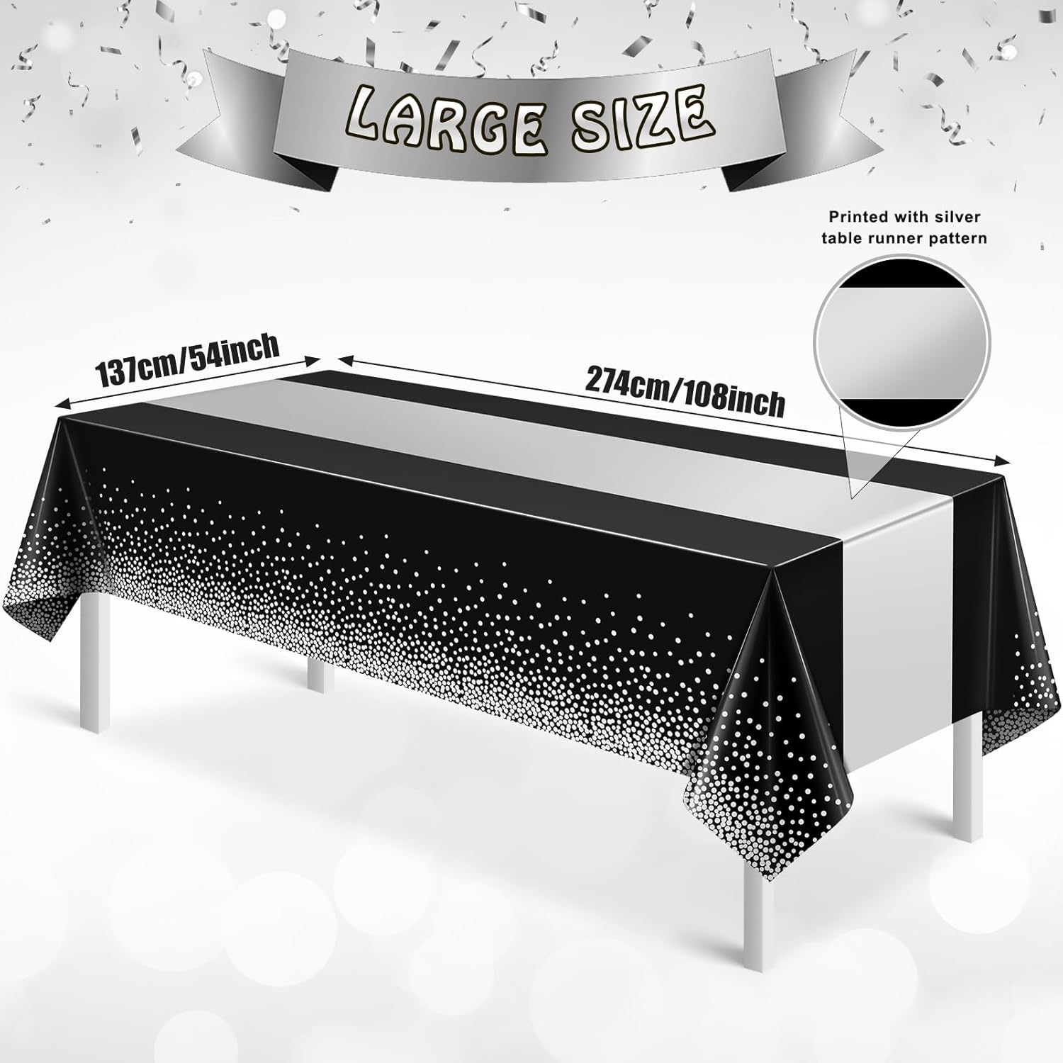 3Pcs Black and Silver Tablecloth Party Decorations