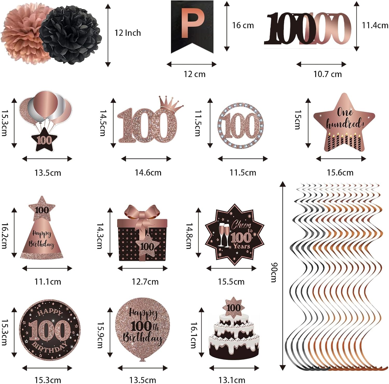 BRT Bearingshui 100th Birthday Streamers Decoration Set Rose Gold Black