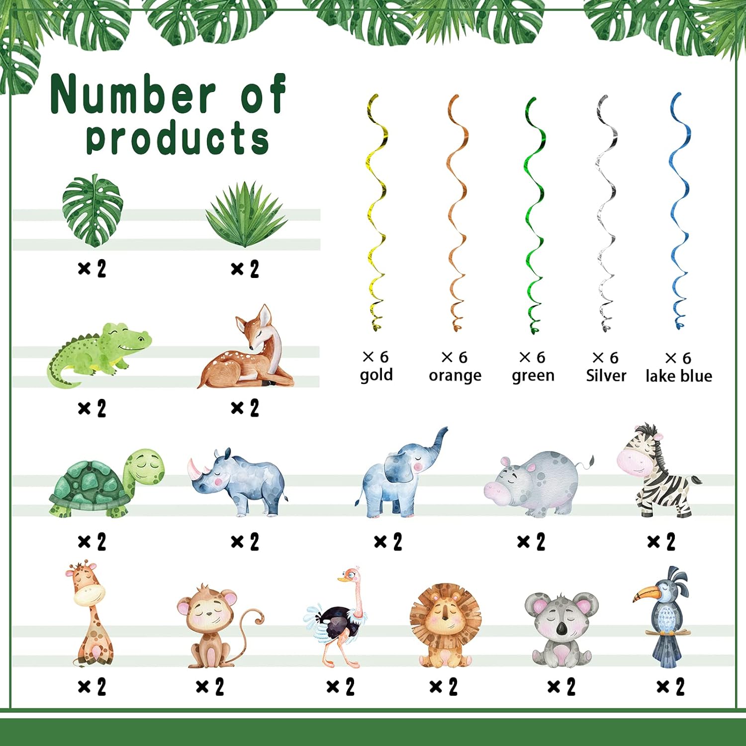Jungle Animal Foil Ceiling Streamers 30 Pack Party Decor