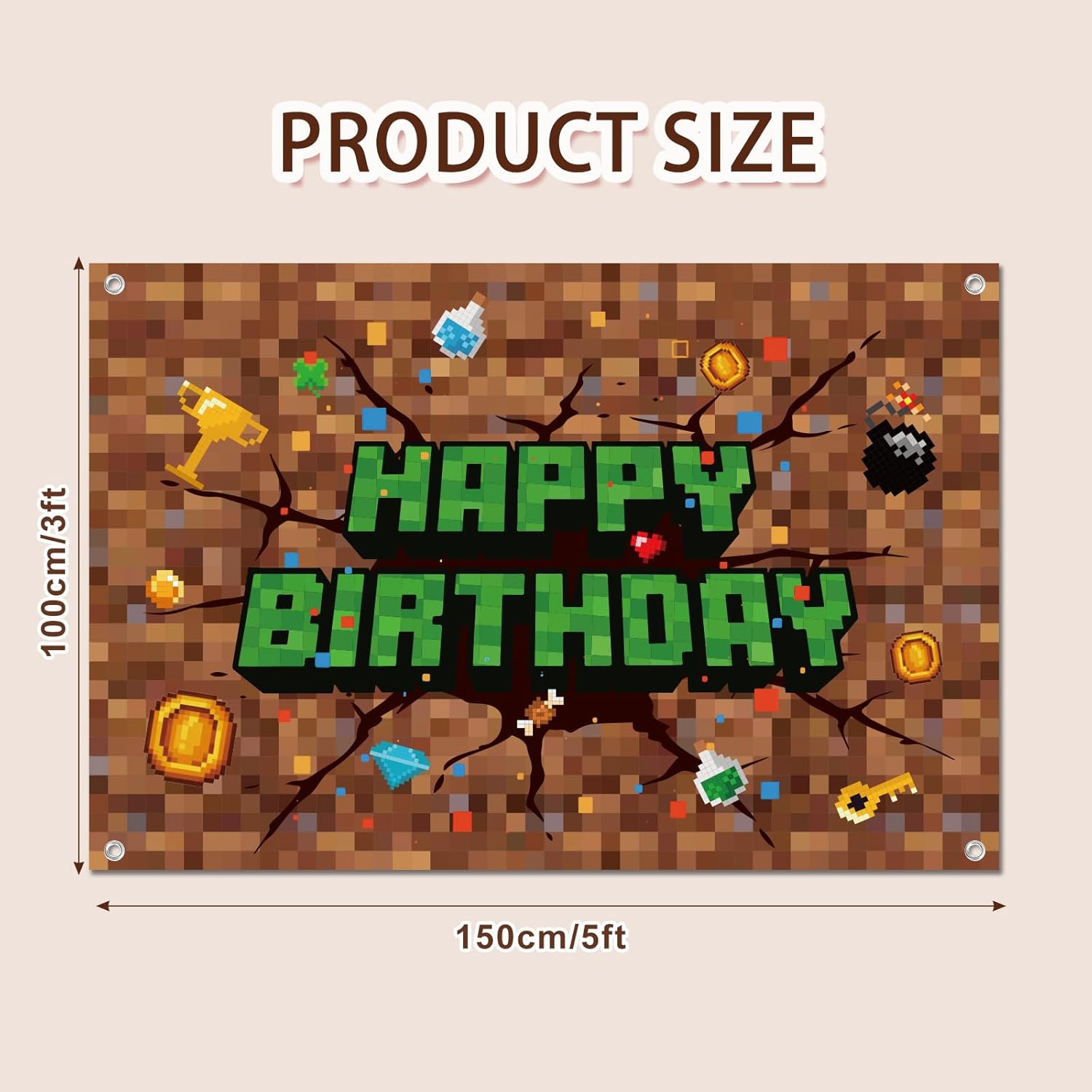 Pixel Birthday Decorations 5x3 ft Happy Birthday Banner
