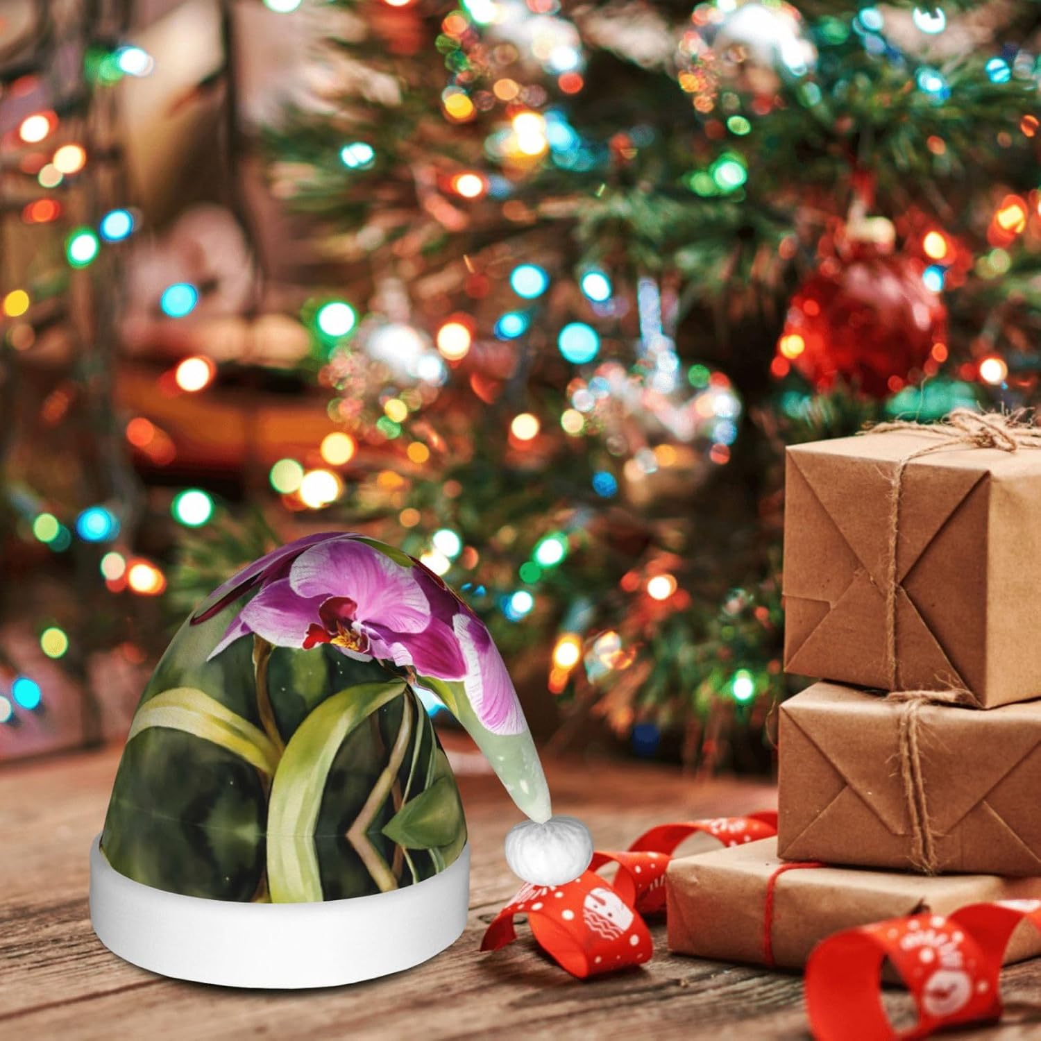 Orchid Print Christmas Santa Hat Plush for Adult