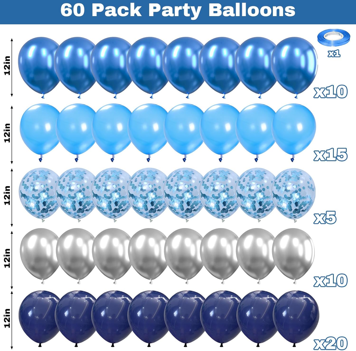 60 Pcs Blue Silver Balloons Party Decor Set