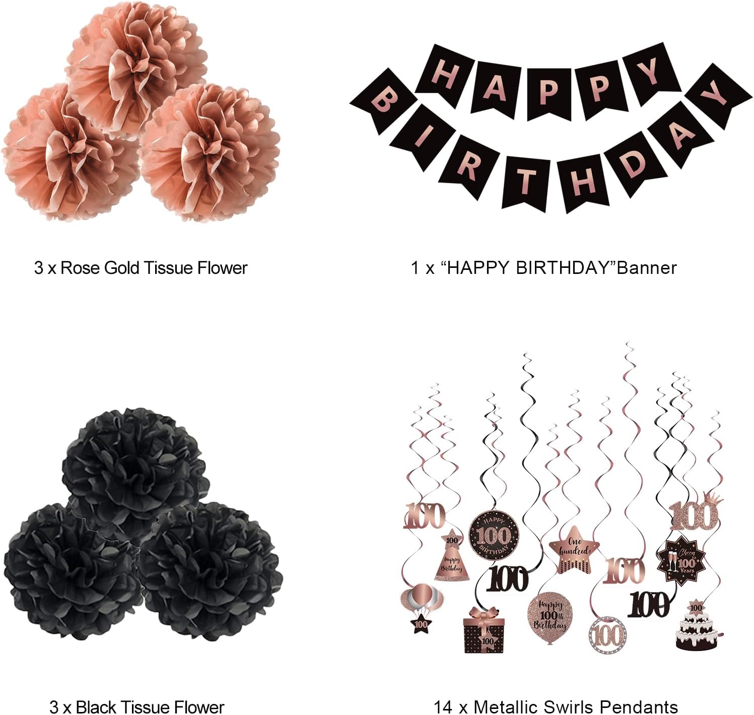 BRT Bearingshui 100th Birthday Streamers Decoration Set Rose Gold Black