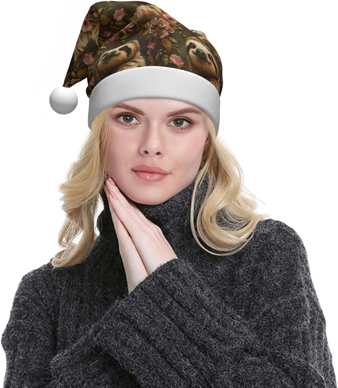 Cute Sloth Print Christmas Santa Hat Plush for Adults