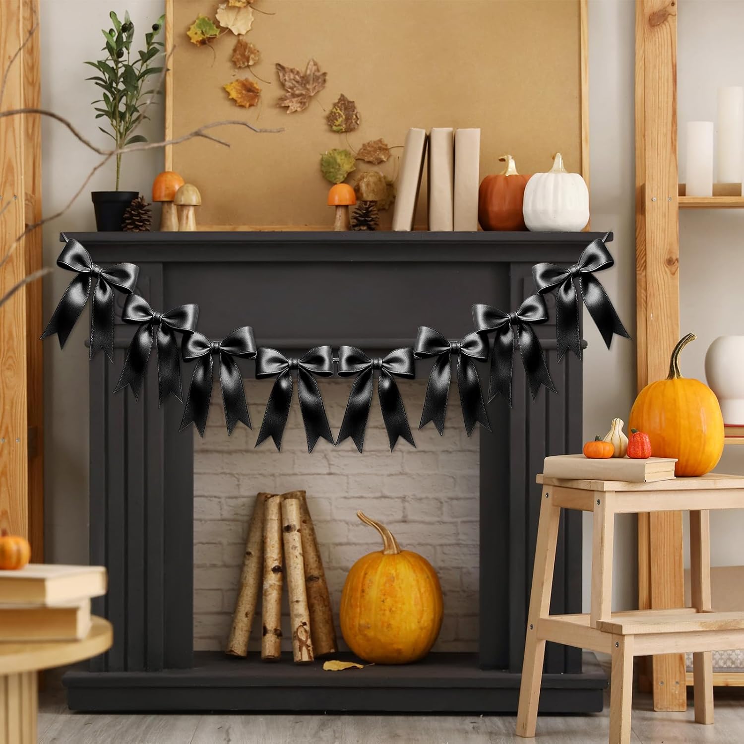 Eonsui 16PCS Black Bow Garland Pre-Strung Decor