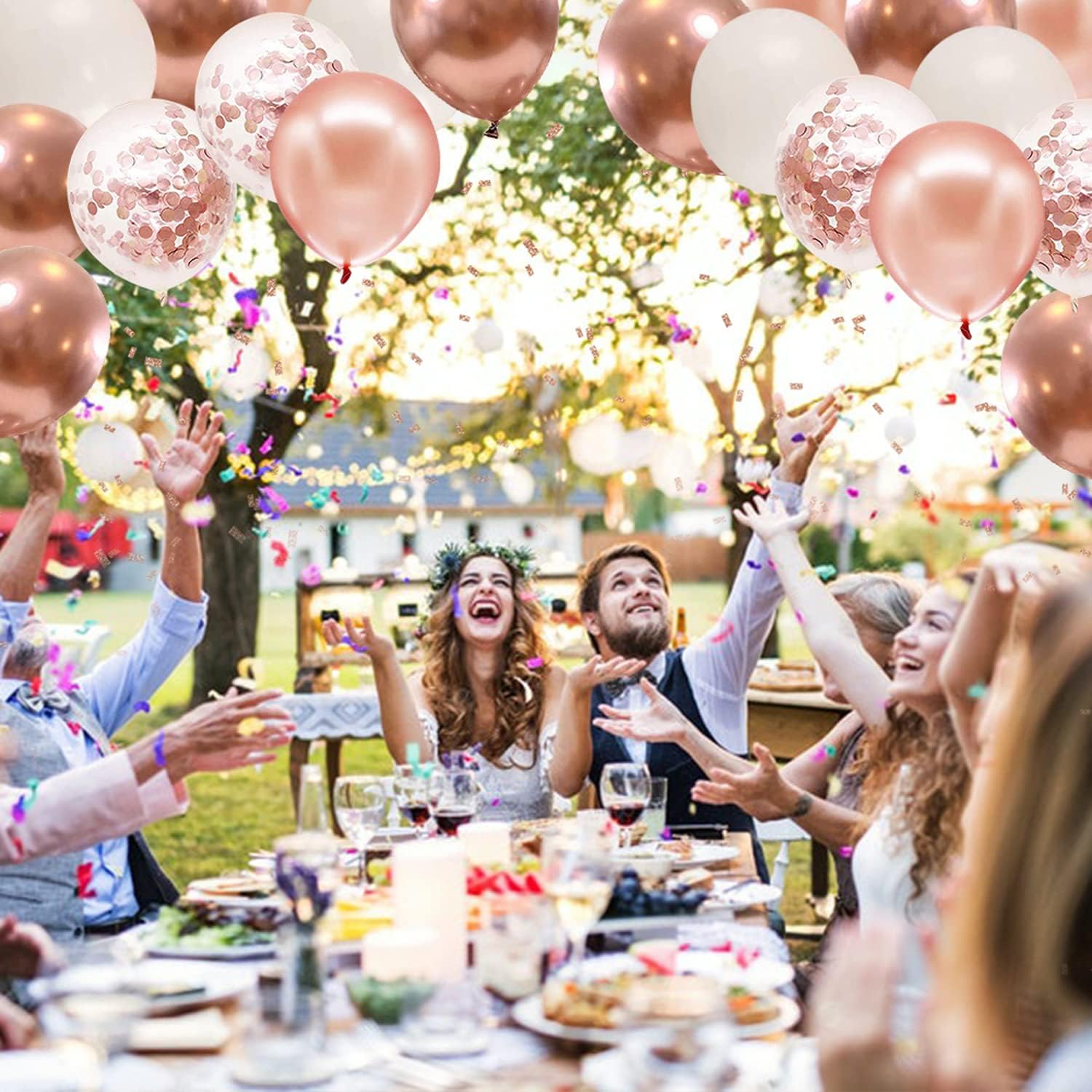 Rose Gold Confetti Balloons 50pcs 12 Inch Set with 33 Feet String