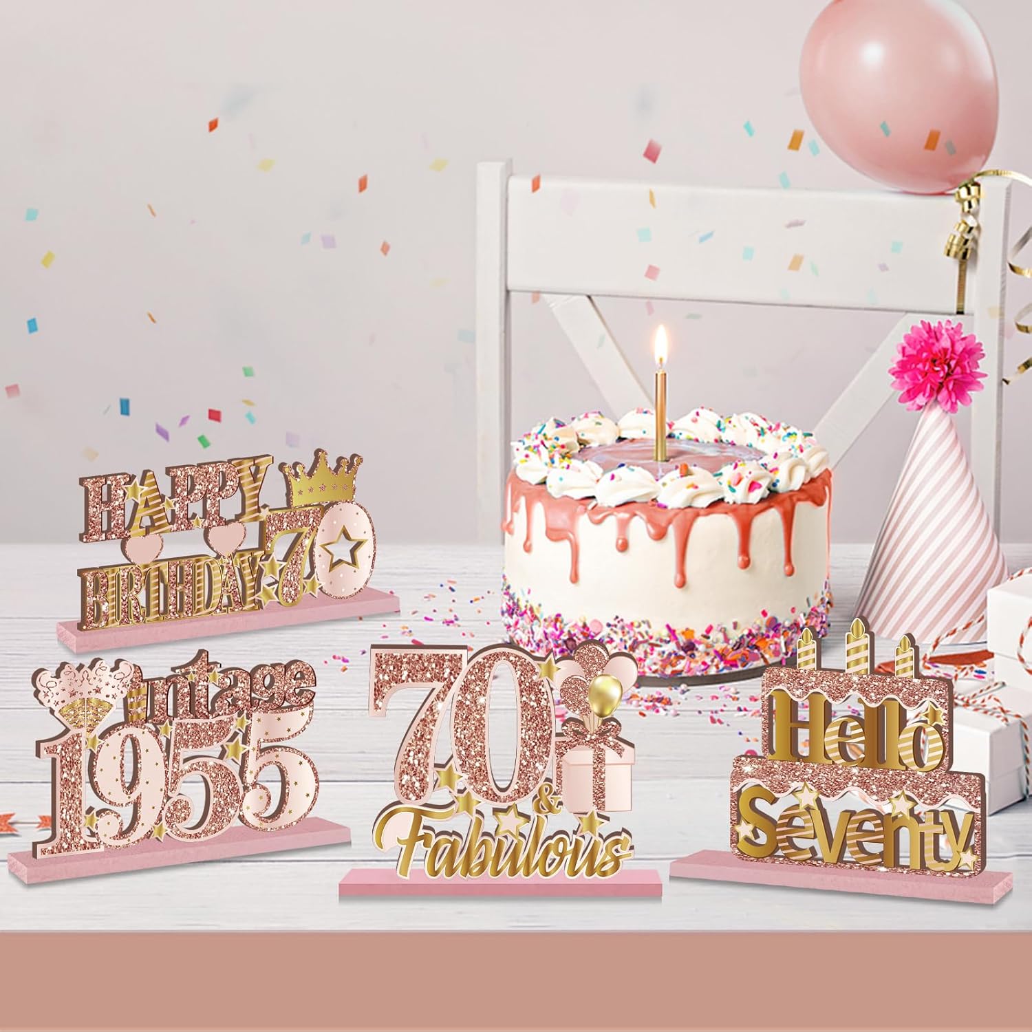 Pink Rose Gold 70th Birthday Wooden Table Centerpieces Set