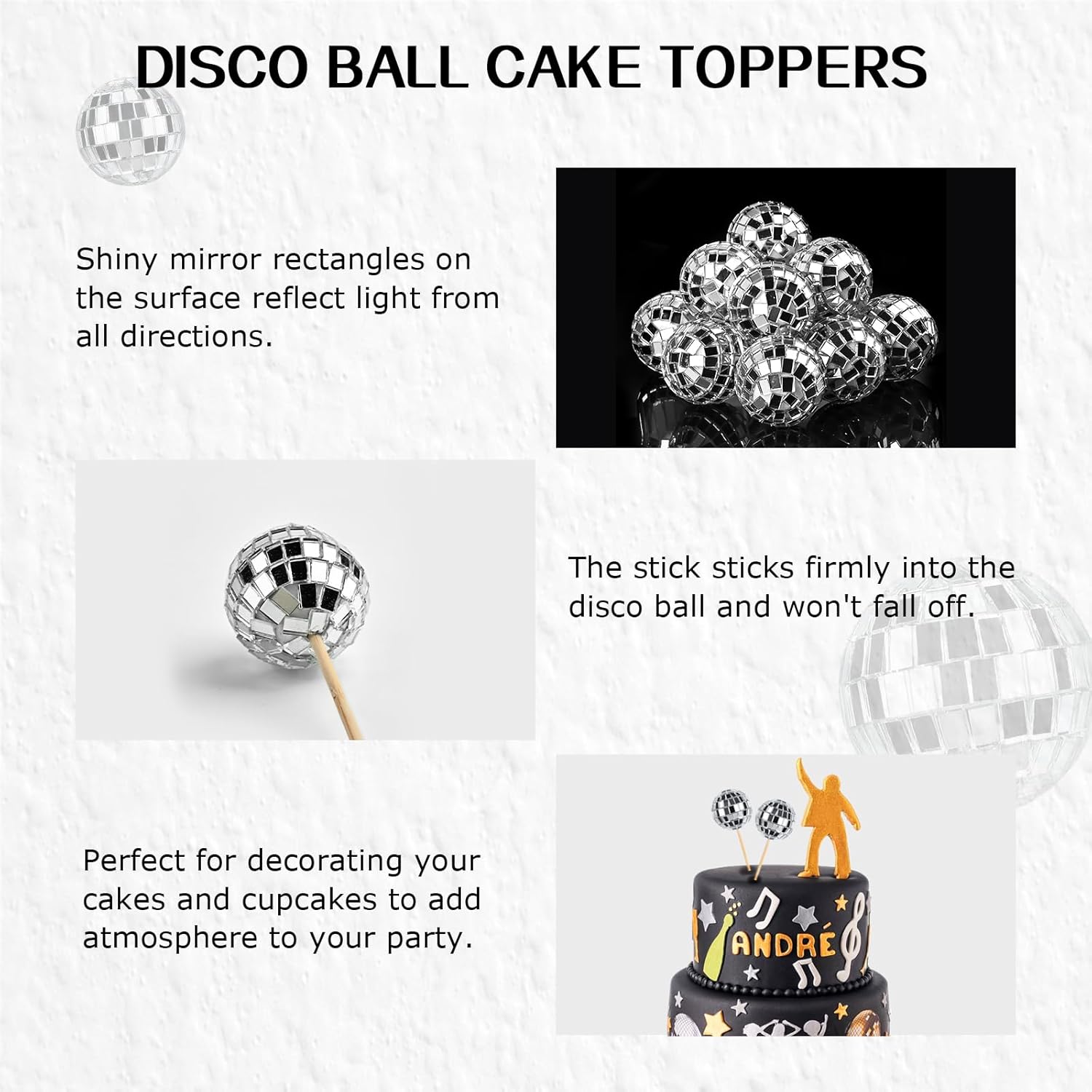 JOERSH 24pcs Disco Ball Cupcake Toppers Silver