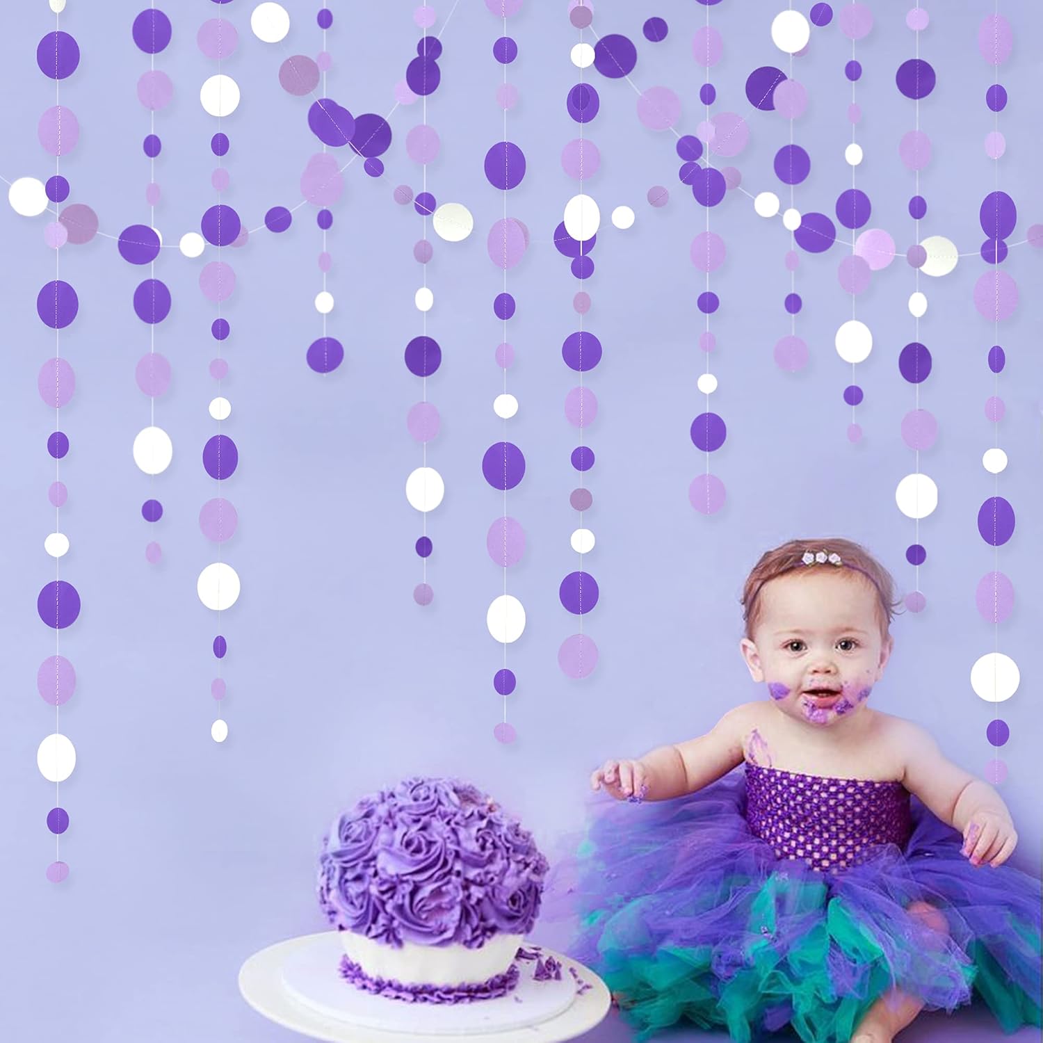 46 Ft Purple White Circle Dot Garland for Birthday Wedding Baby Shower