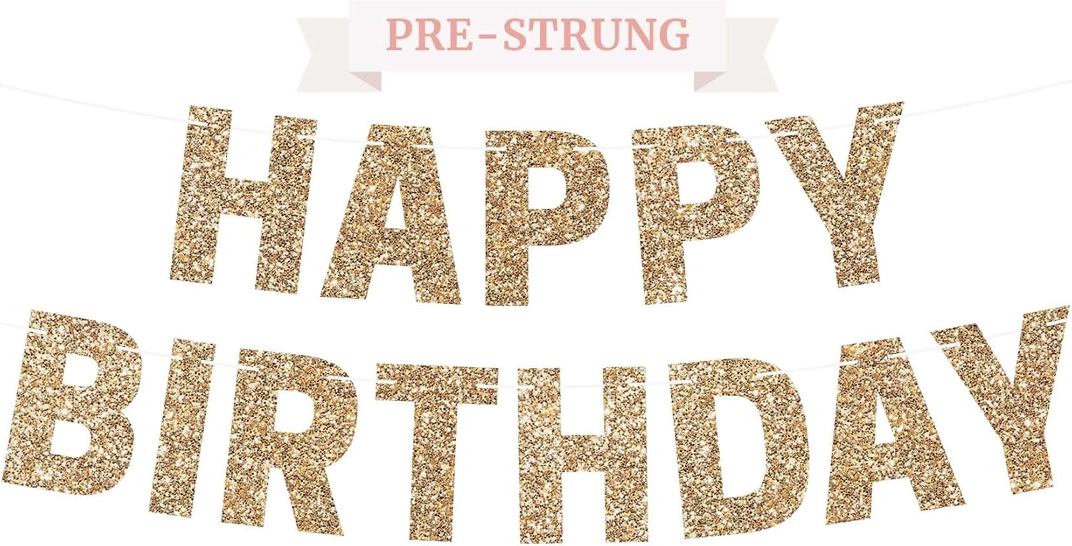 Pre-Strung Gold Glitter Birthday Banner - No DIY