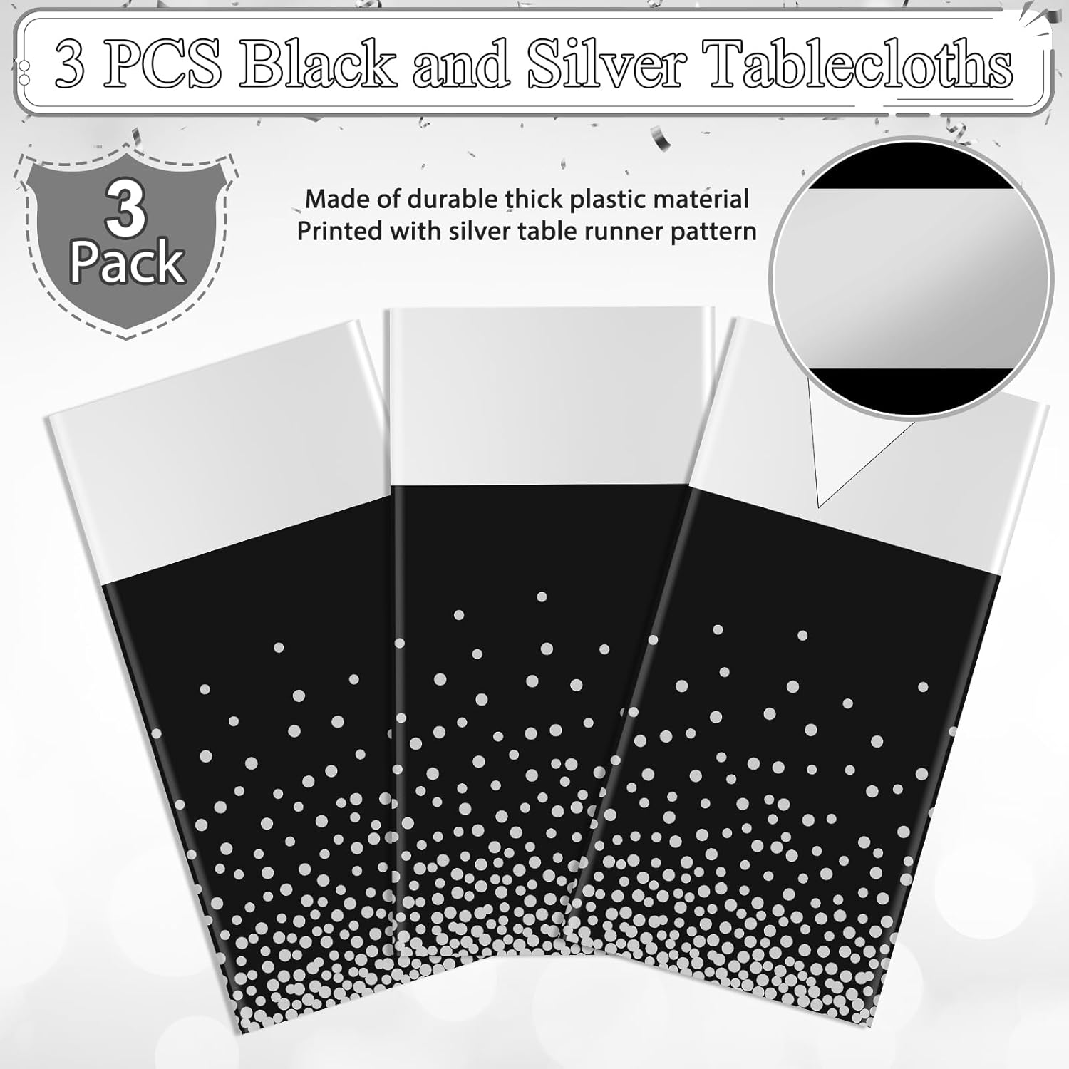 3Pcs Black and Silver Tablecloth Party Decorations