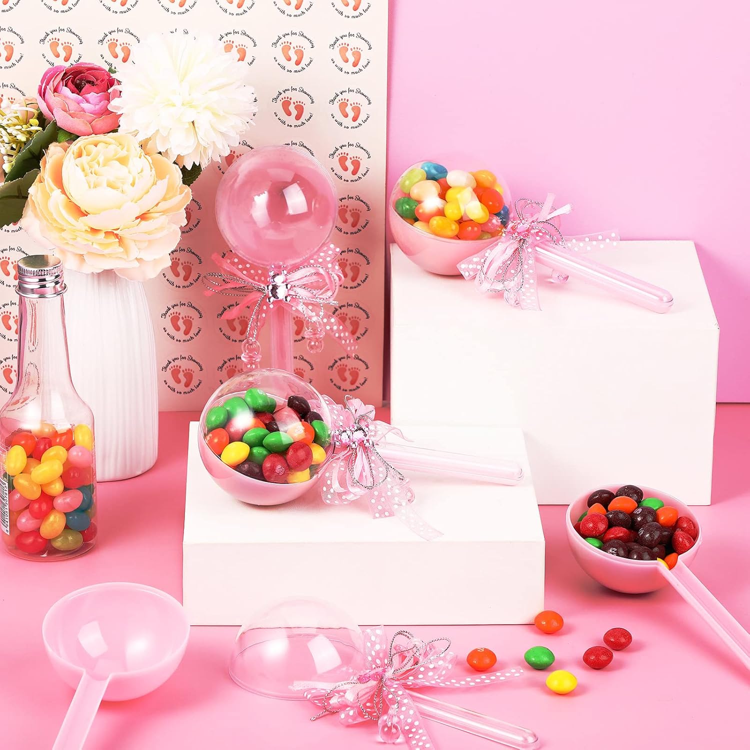 30 Pcs Baby Rattle Party Favors with Bow and Stickers