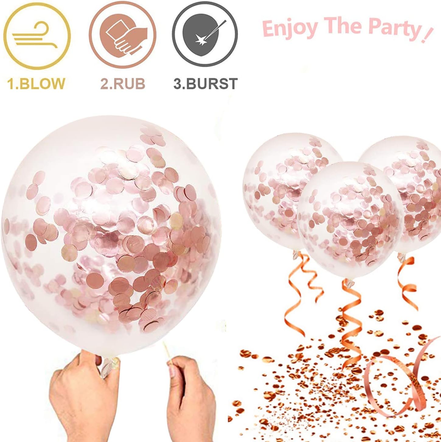 Rose Gold Confetti Balloons 50pcs 12 Inch Set with 33 Feet String