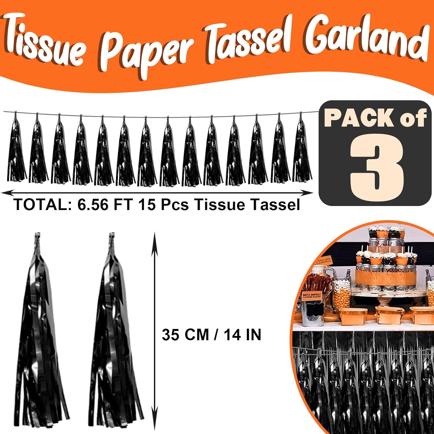 3P Black Foil Tassel Streamers Garland for Parties and Events