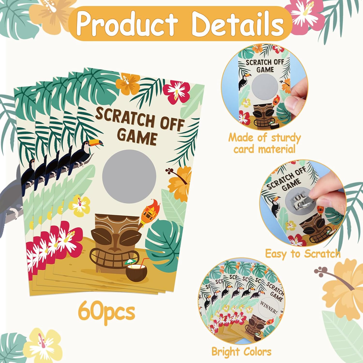 60 Piece Summer Scratch Off Cards for Luau Party Games