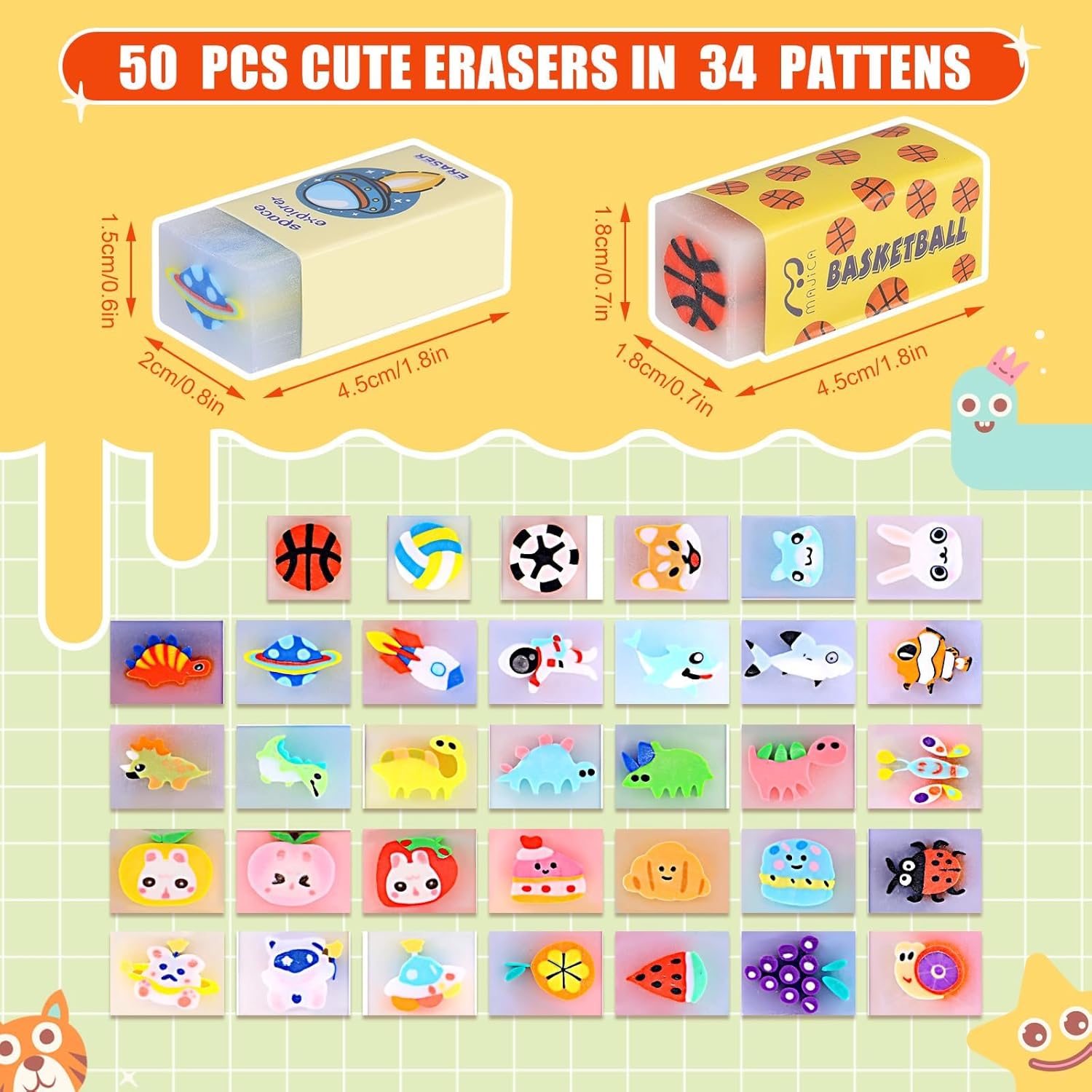50 Pcs Cute Jelly Animal Pencil Erasers for Kids