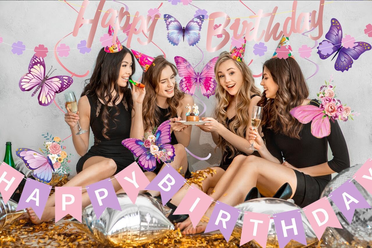 Purple Pink Birthday Decorations Set for Women Girls