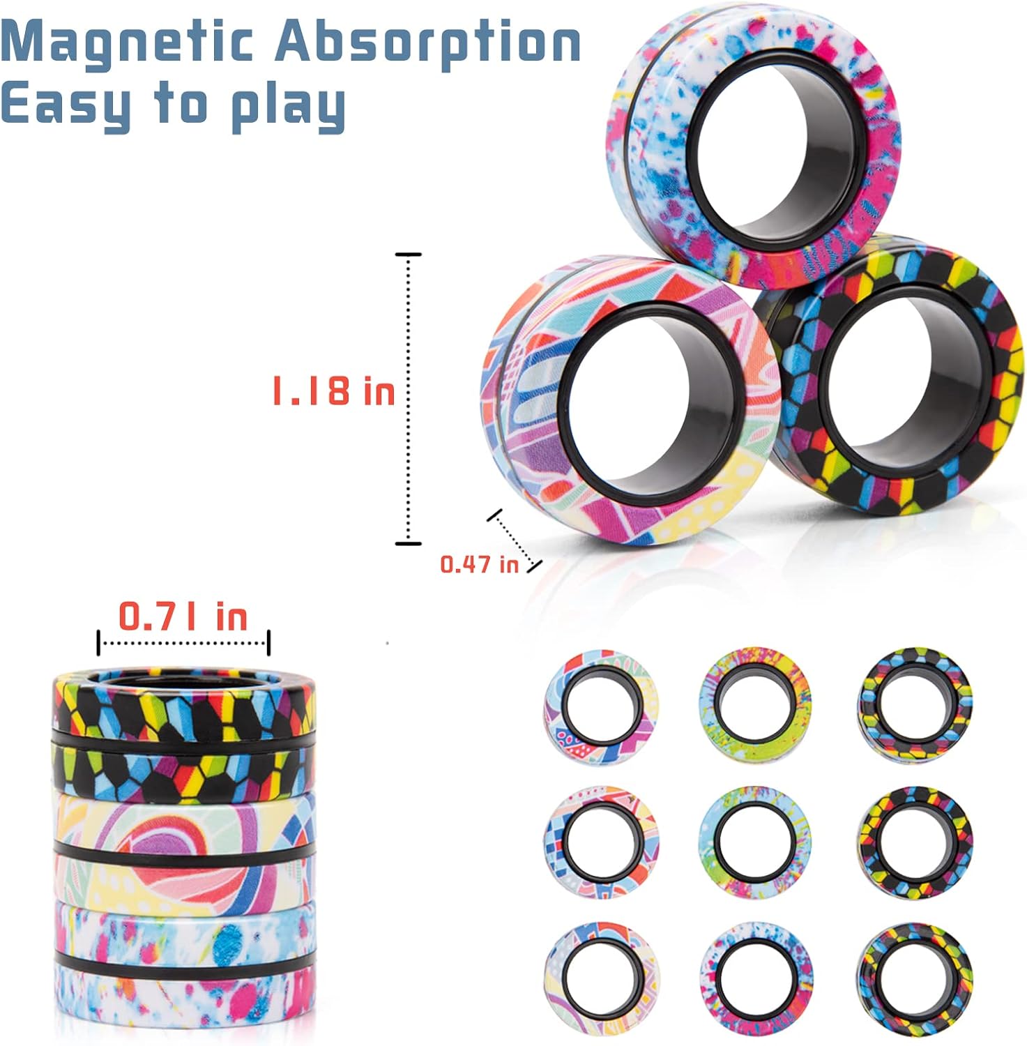 9Pcs Magnetic Fidget Rings Toy Set for Adults and Kids