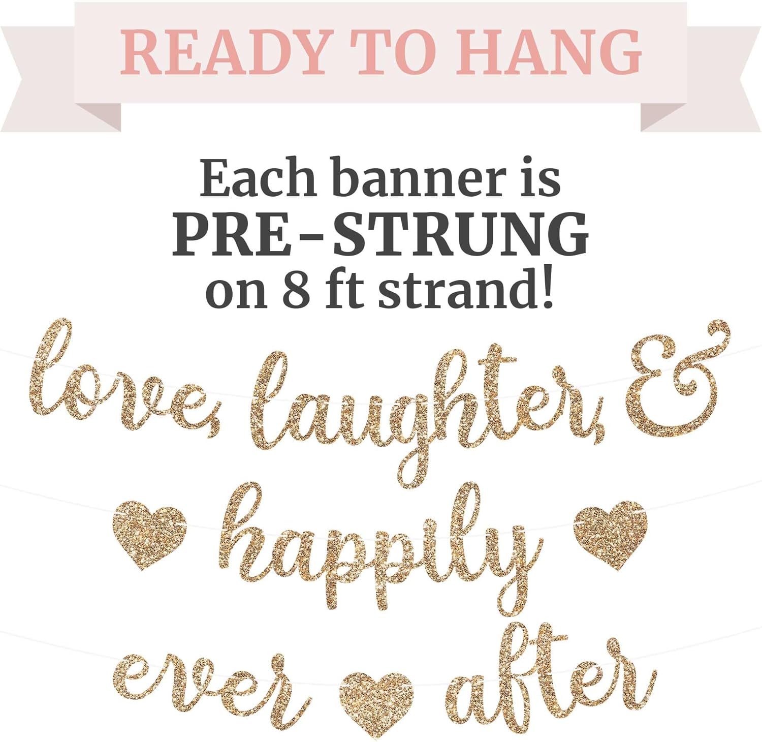 Pre-Strung Gold Glitter Wedding Banner - 8 ft Strand