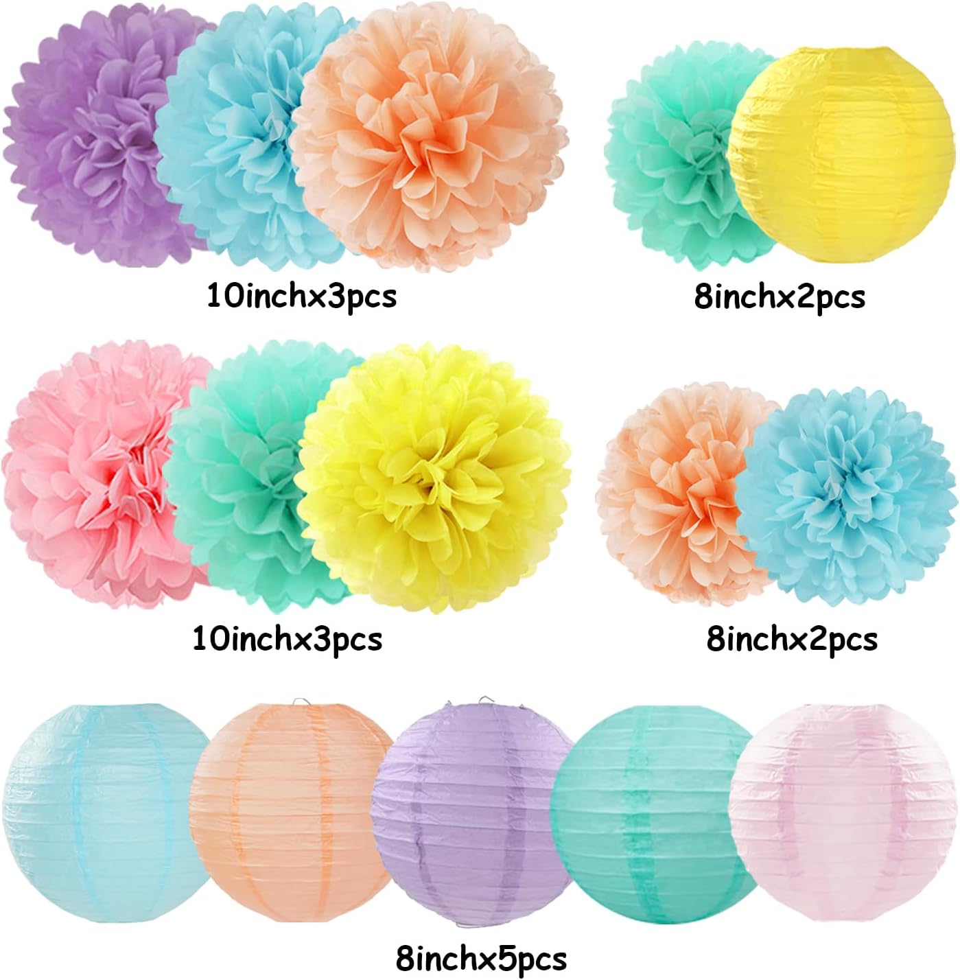 Pastel Rainbow Paper Flowers and Lanterns 15PCS Decor Set