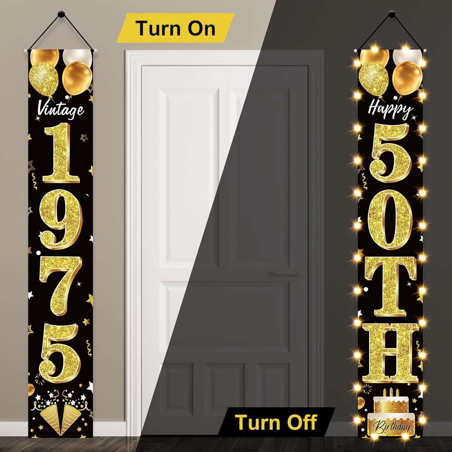 50th Birthday Black Gold Banner with LED Light