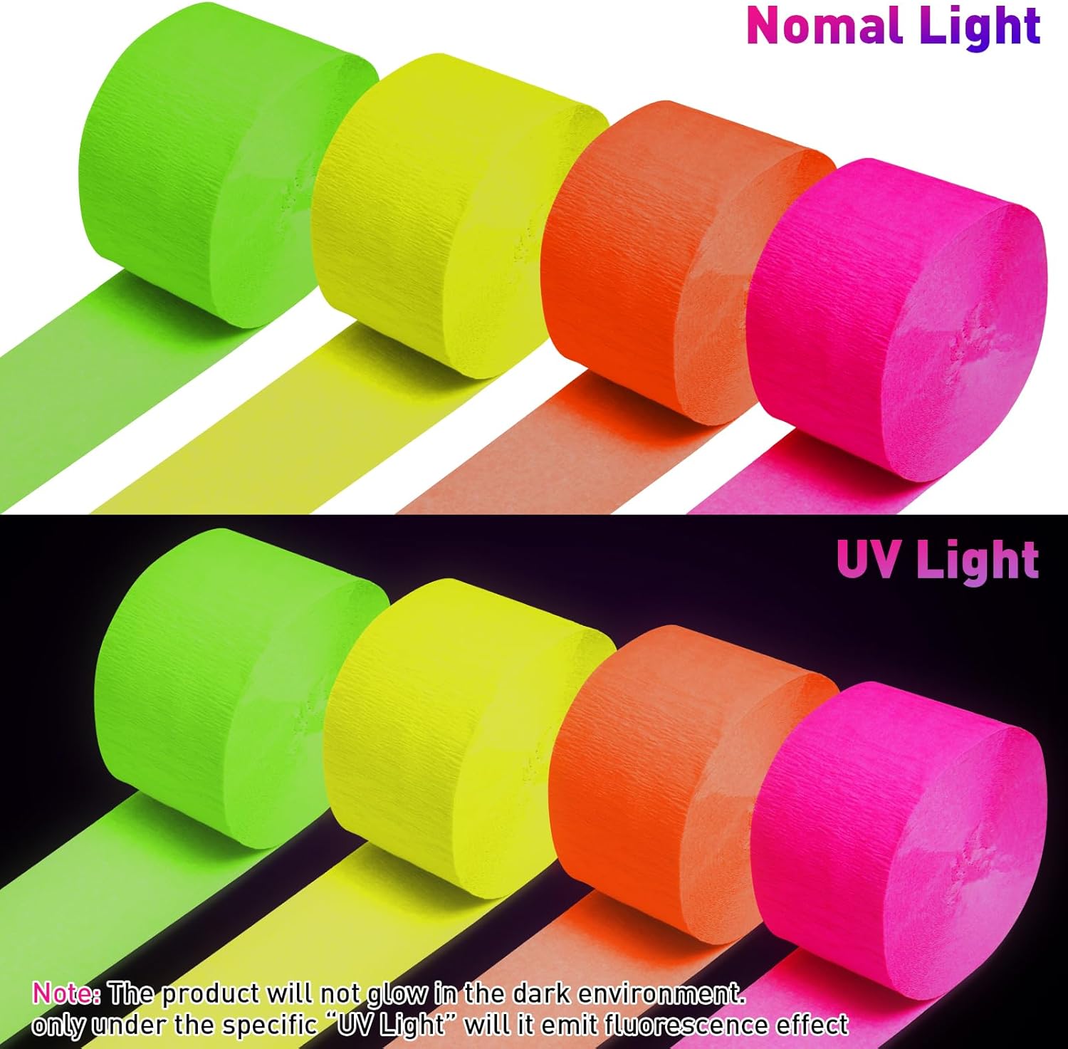 Neon Streamers Glow in The Dark Crepe Paper Set