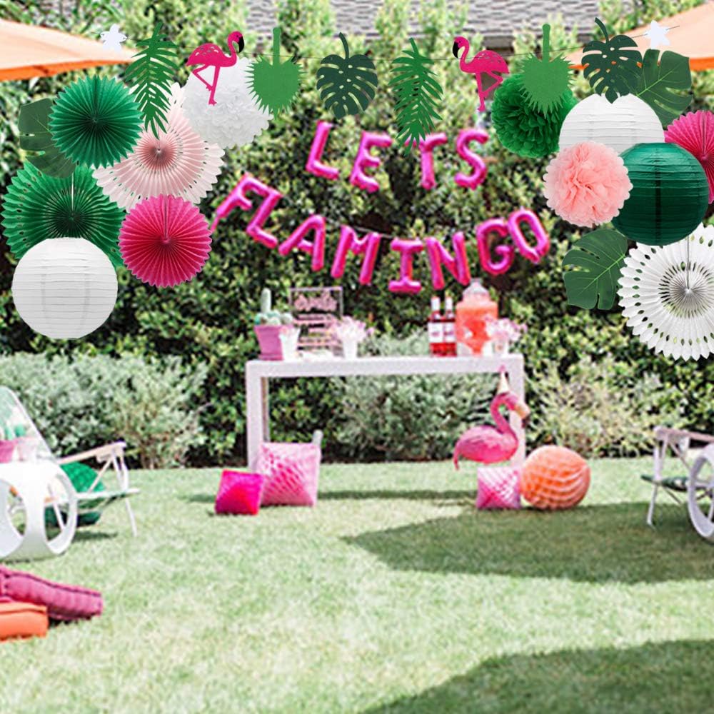 Tropical Flamingo Palm Leaf Decorations Green Summer Party Kit