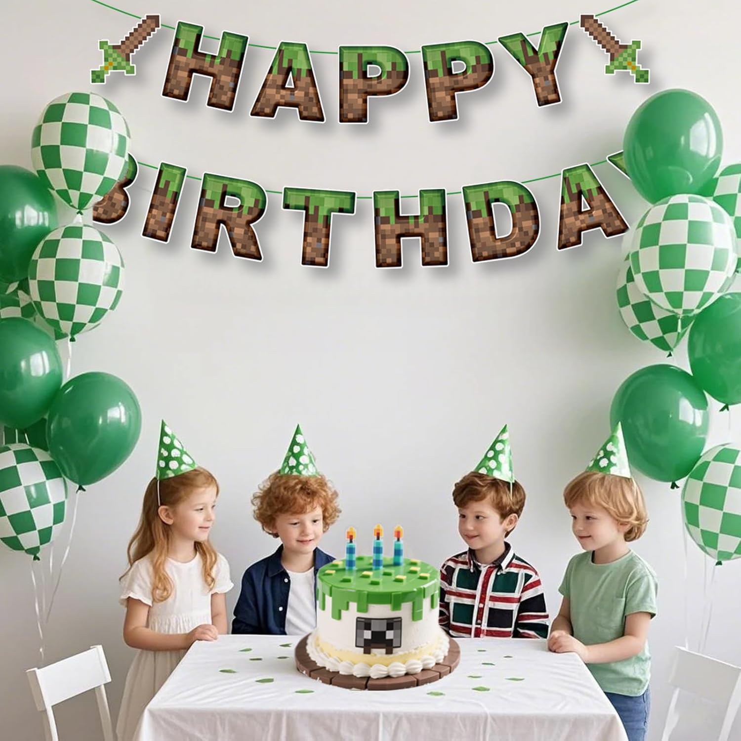 Pixel Birthday Decorations Happy Birthday Banner Mining Theme Party Supplies