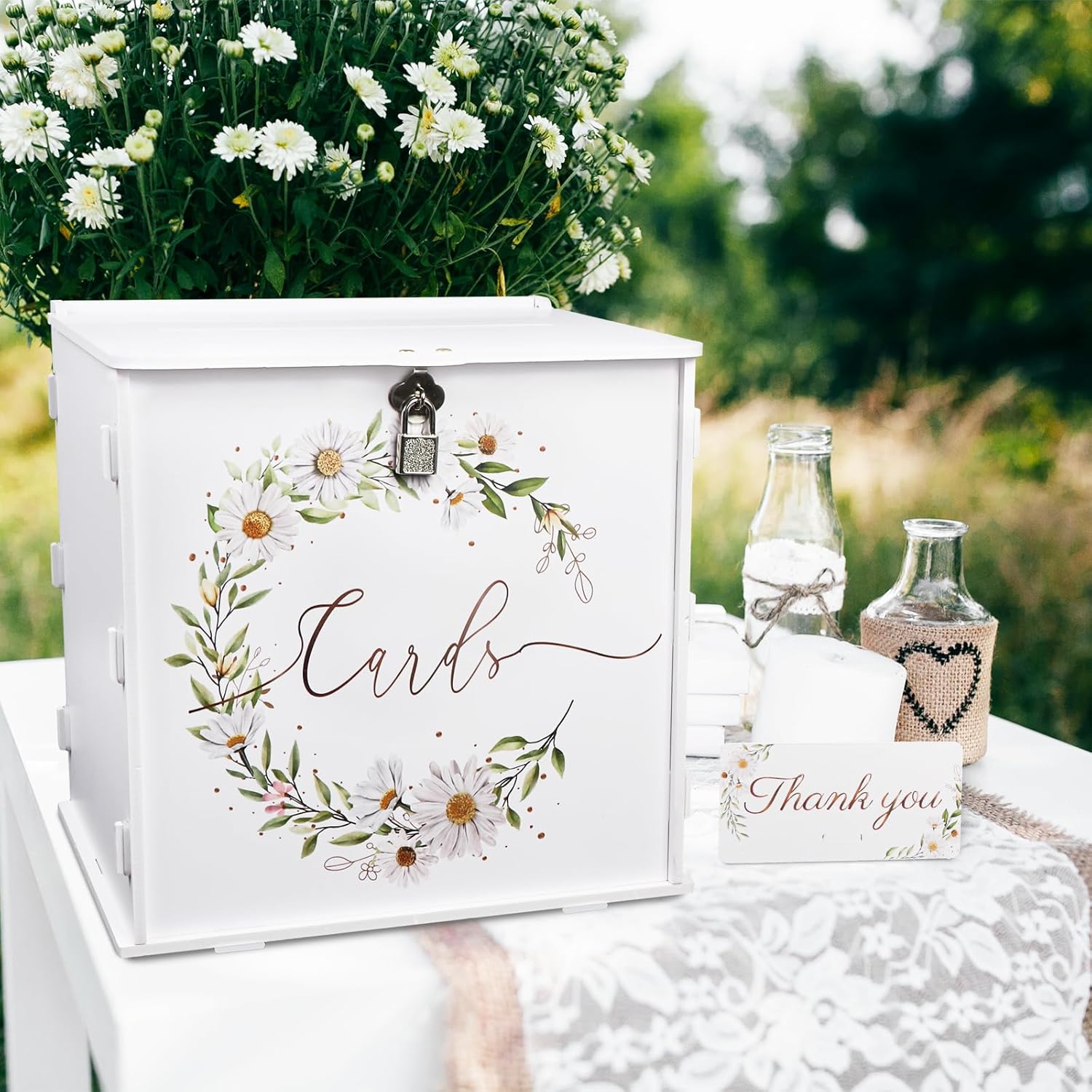 OurWarm White Daisy Wedding Card Box with Lock