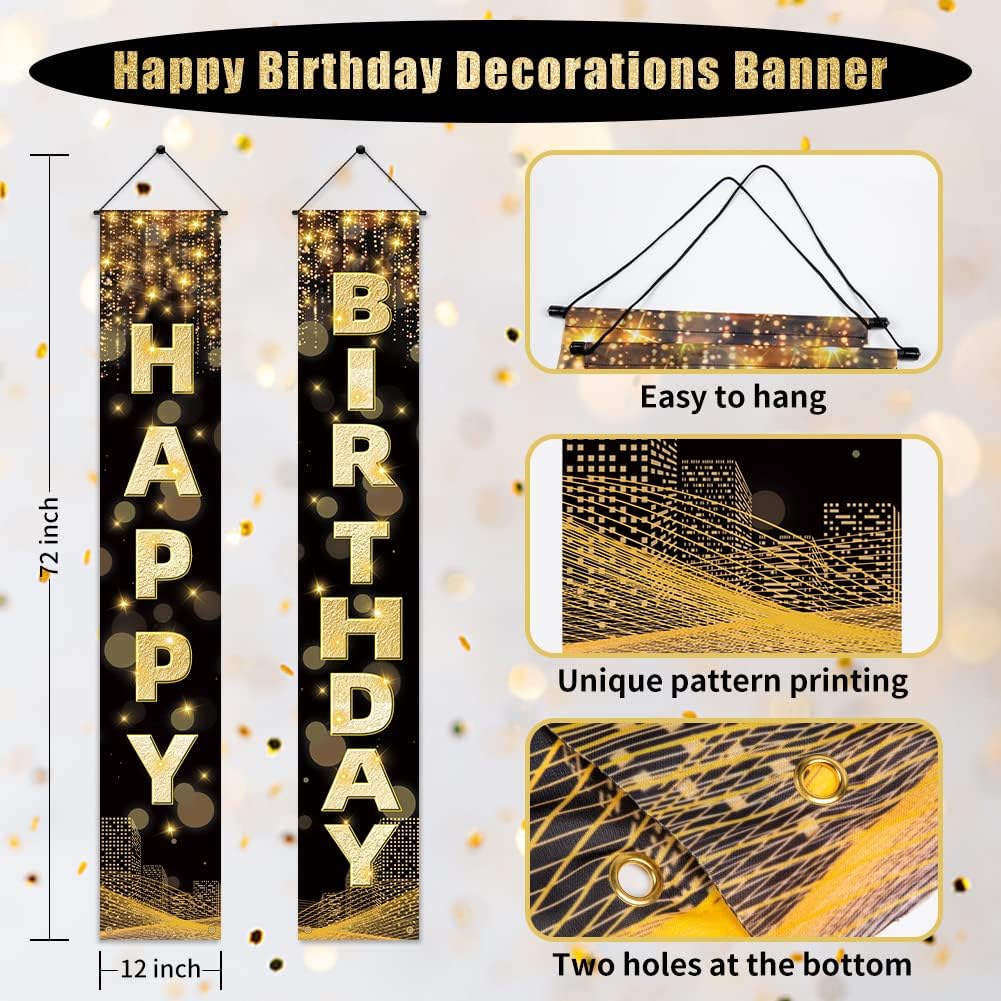 Happy Birthday Decorations Banner - Black Gold 72 x 12 Inch