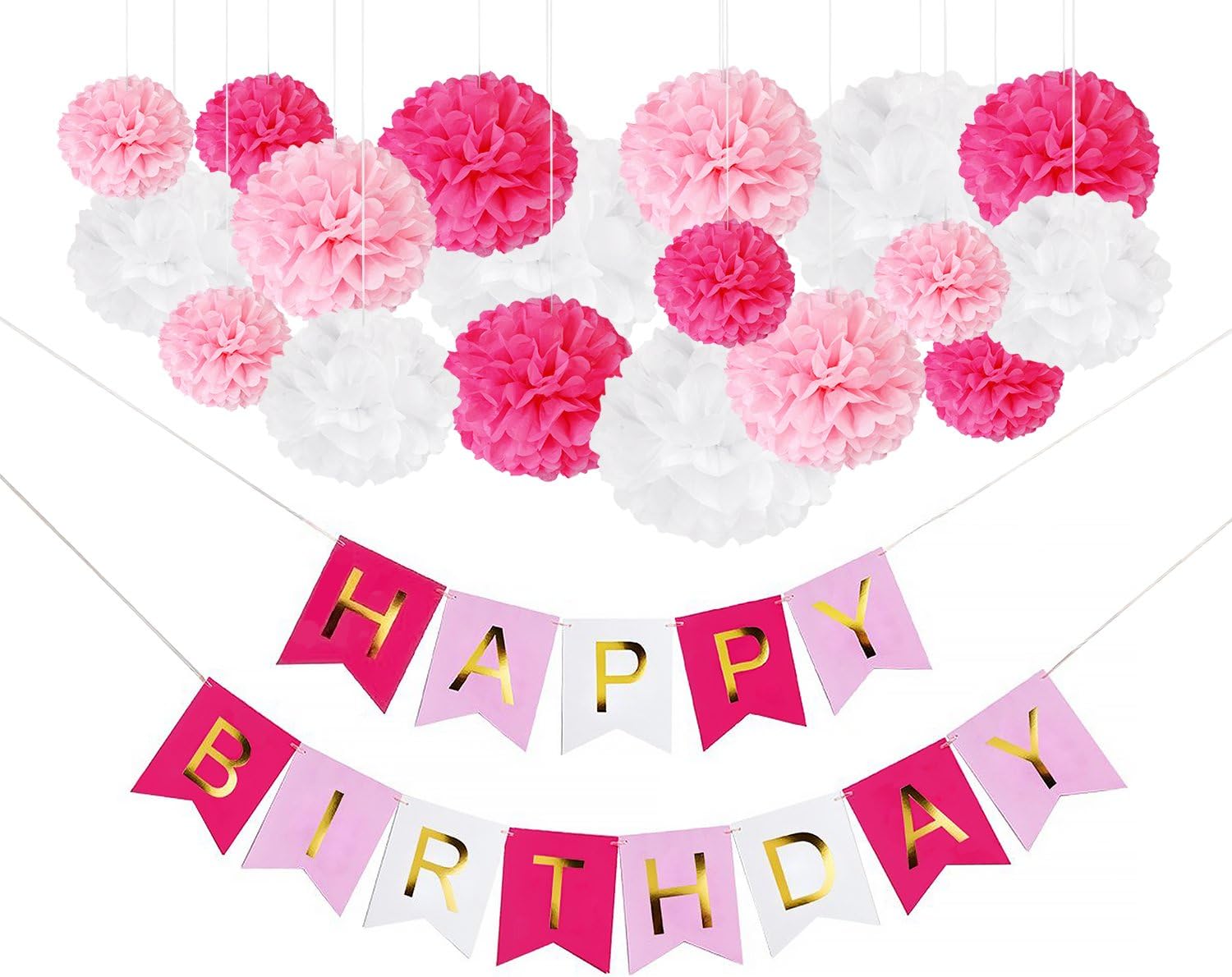 DIY Pink Birthday Decor Kit with Pom Poms and Banner