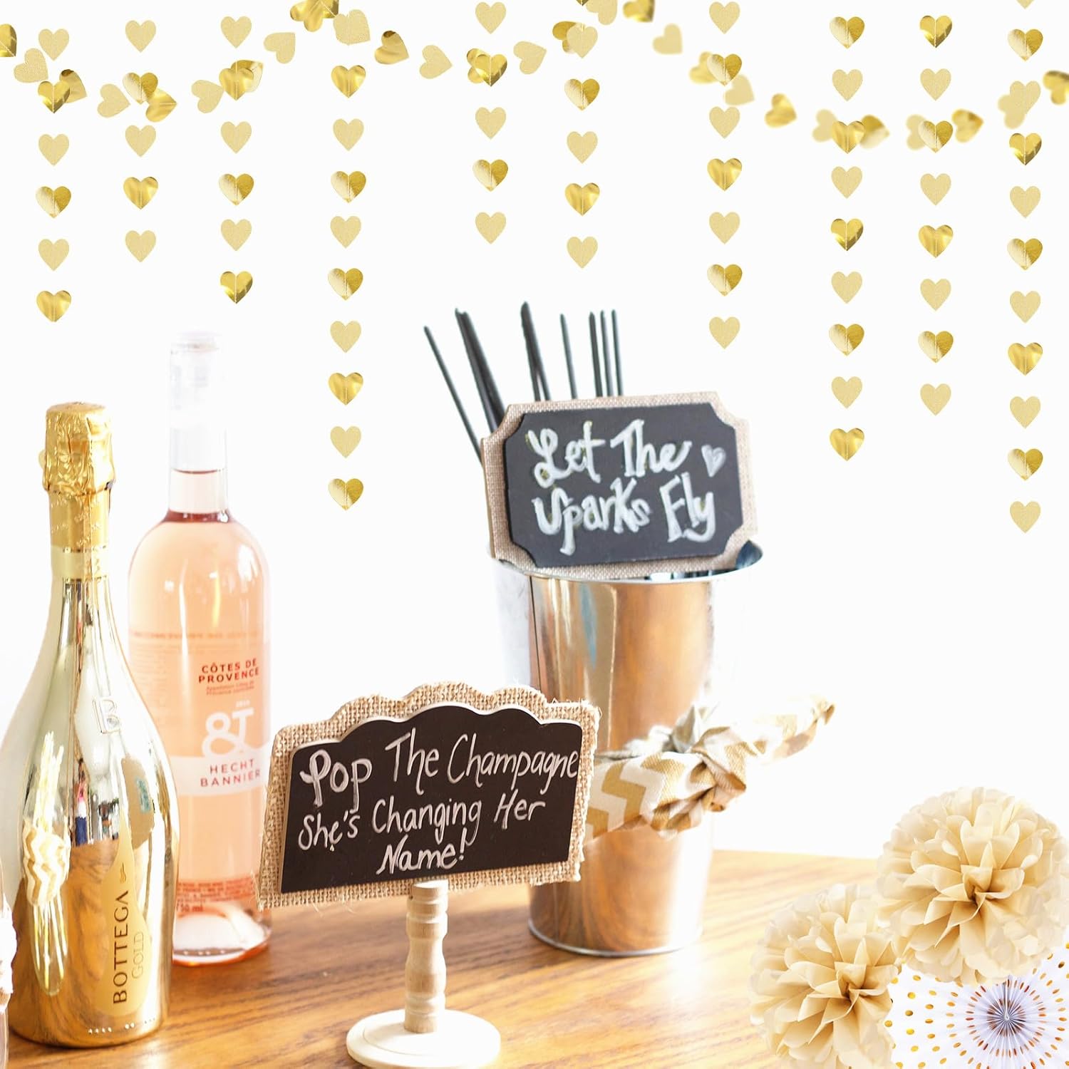Glitter Champagne Gold Heart Garland 52ft Hanging Streamers Decor