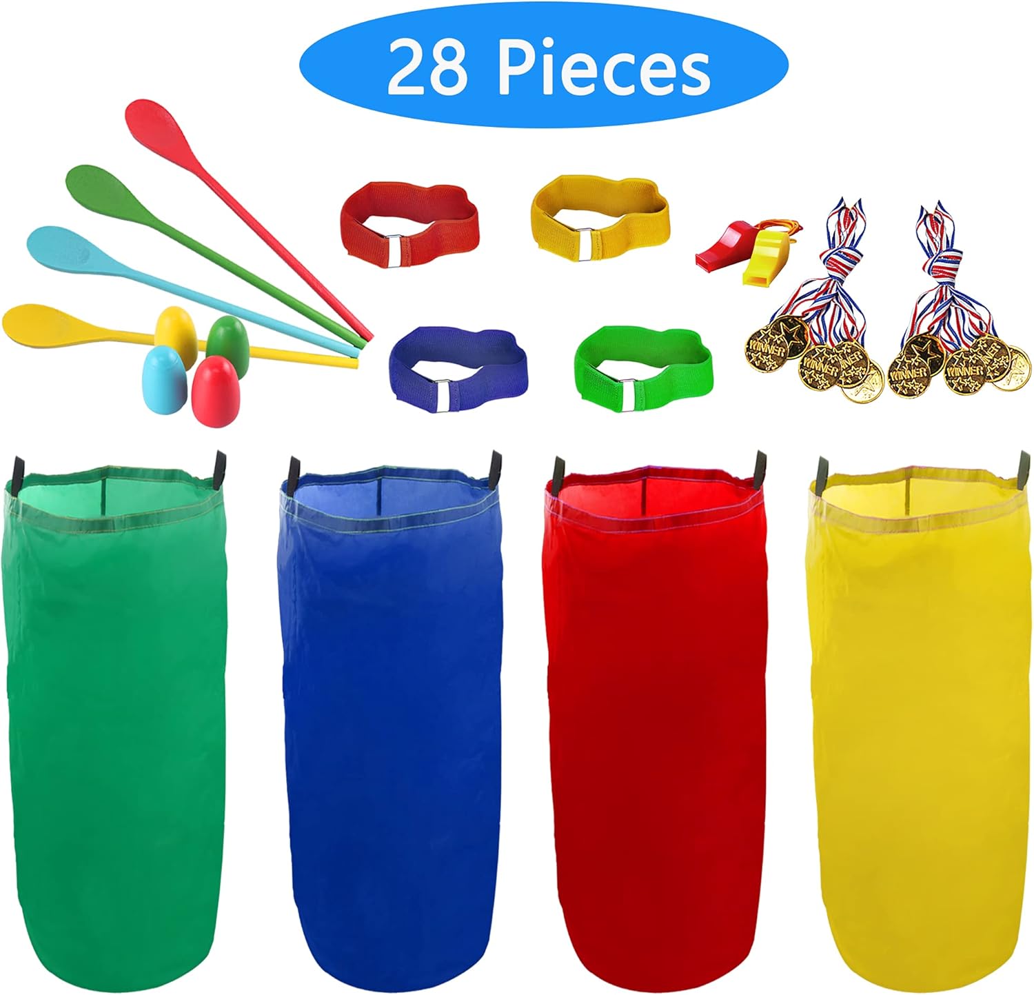 28PCS Potato Sack Race Bags with Gold Medals and Whistles