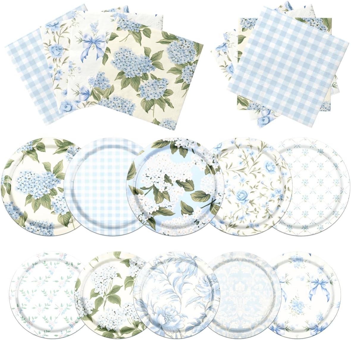 60Pcs Floral Plates and Napkins - Blue White Party Decorations