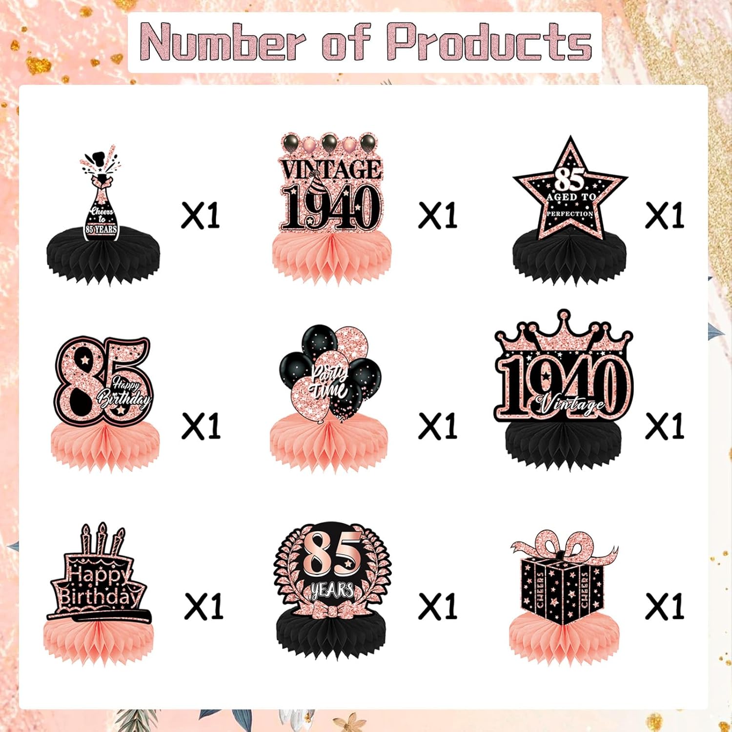 85th Birthday Decorations 9PCS Rose Gold Honeycomb Centerpieces