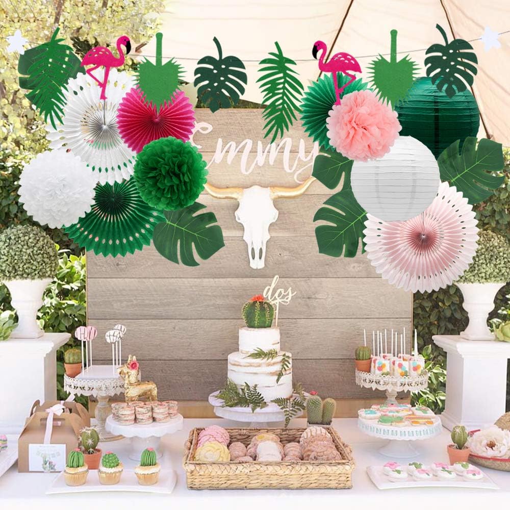 Tropical Flamingo Palm Leaf Decorations Green Summer Party Kit