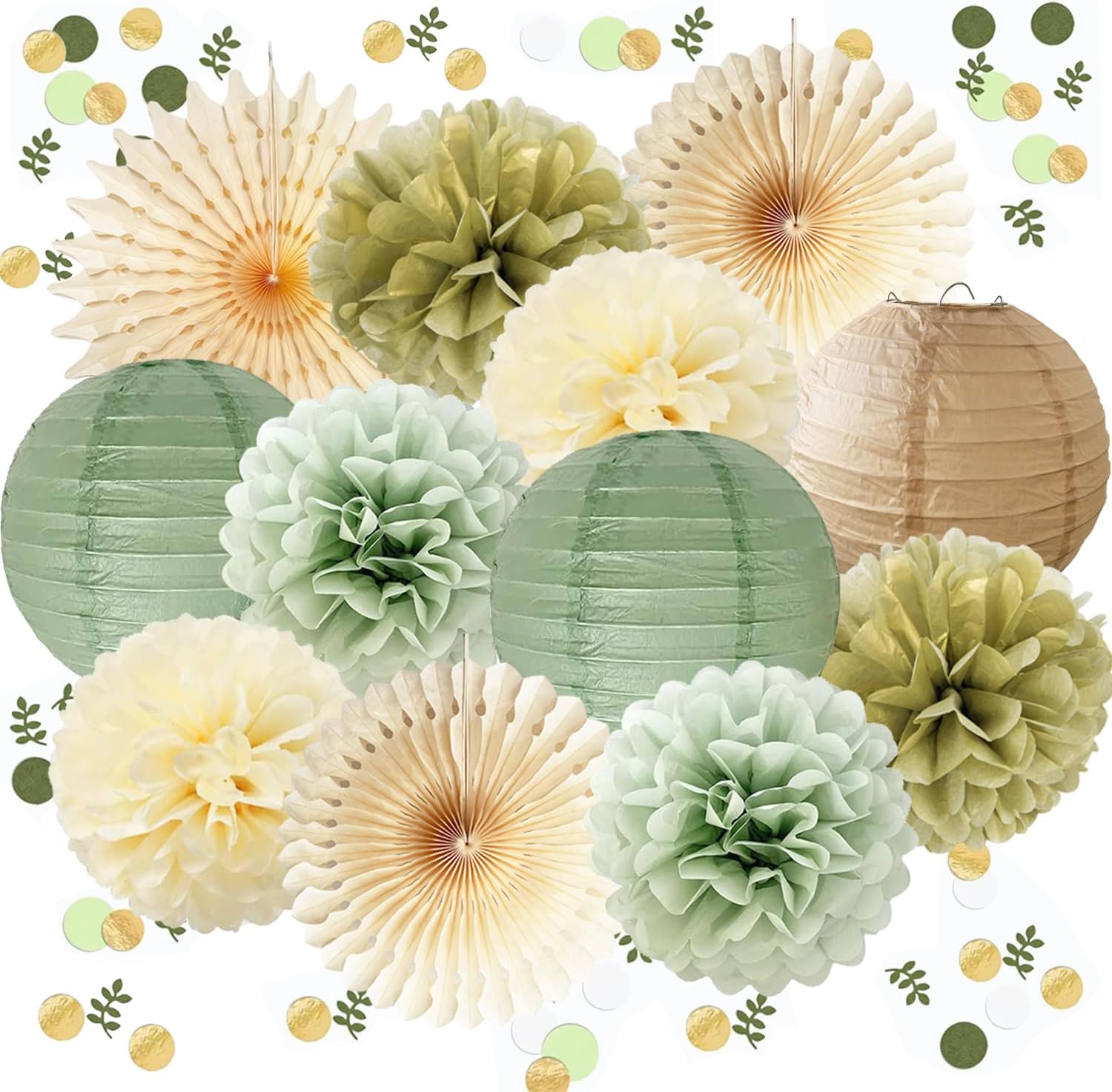 Sage Green Party Decorations Set with Pom Poms and Lanterns