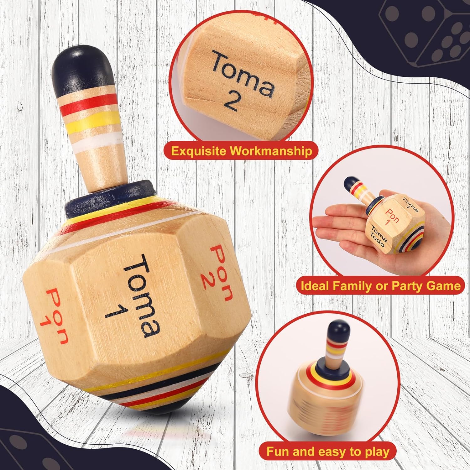 Poen 5 Piece Wooden Toma Todo Set Classic Mexican Spinning Top Game