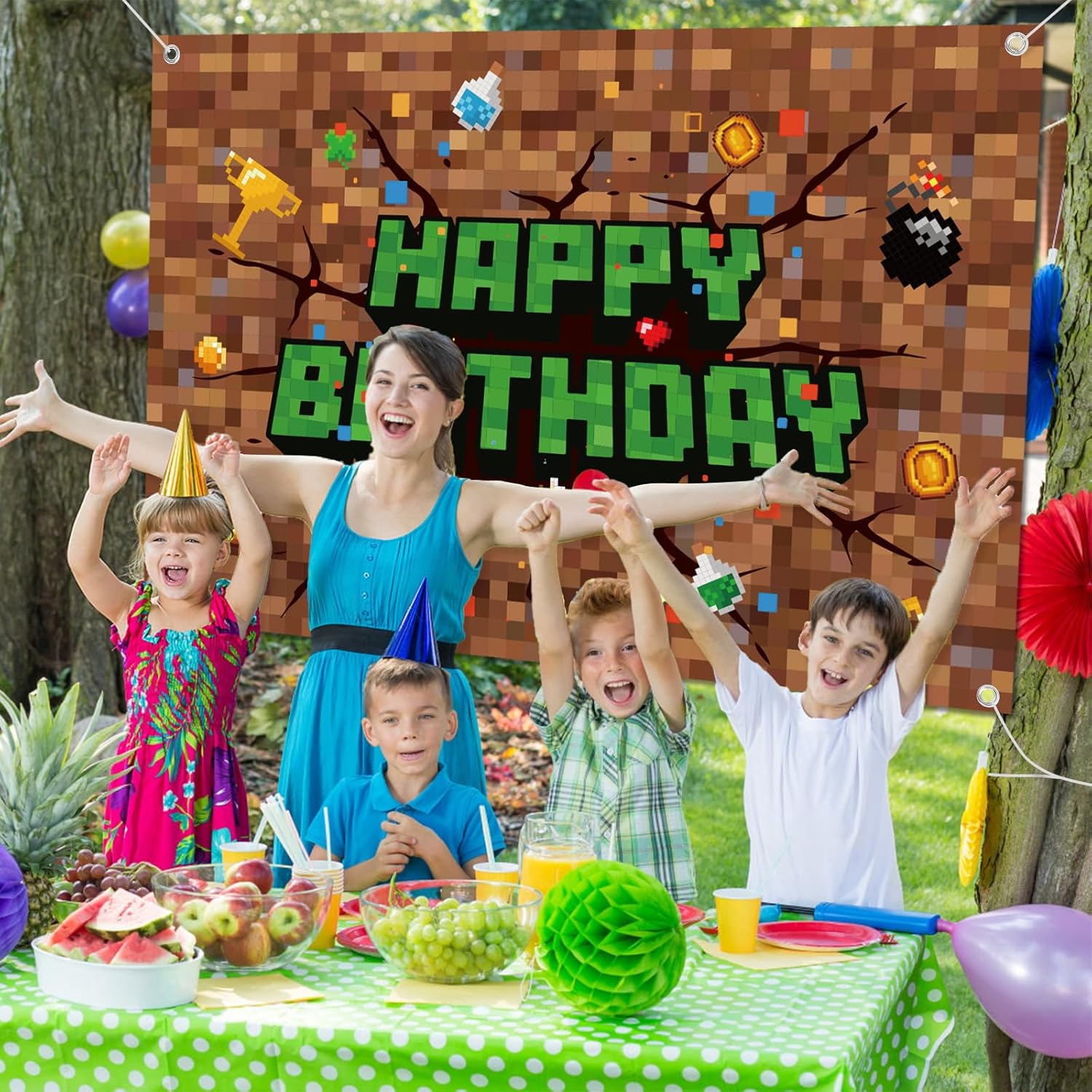 Pixel Birthday Decorations 5x3 ft Happy Birthday Banner