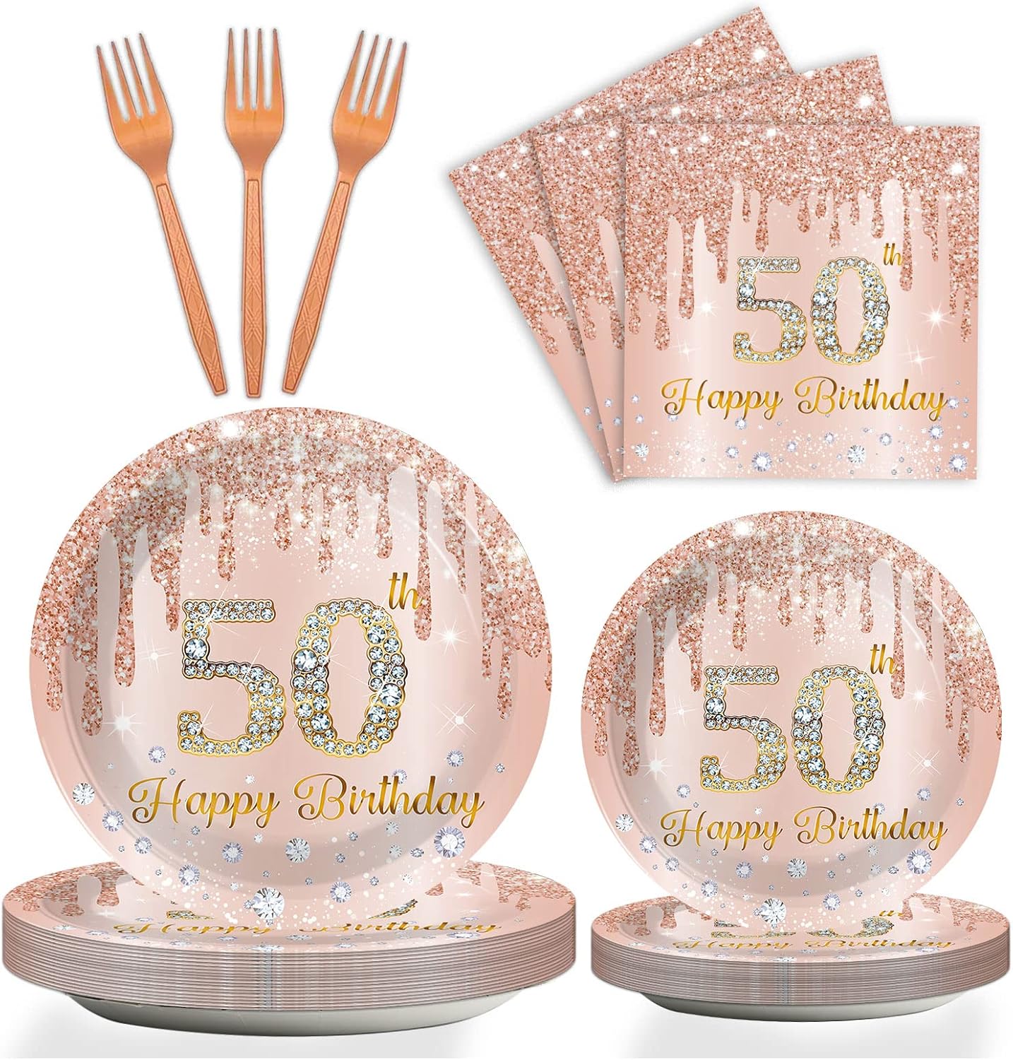 96 Piece 50th Birthday Tableware Set Pink Rose Gold