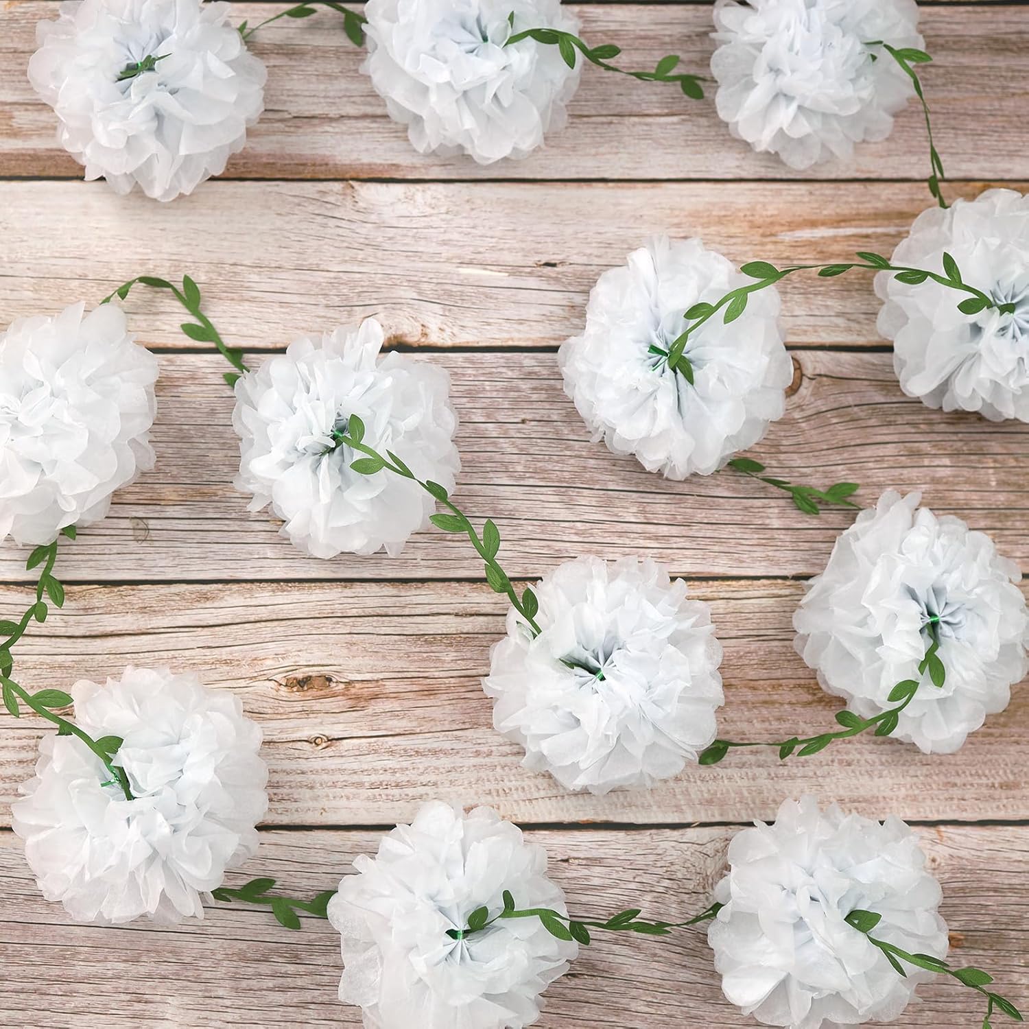 Homarkable Tissue Paper Pom Pom Garland with Green Leaves